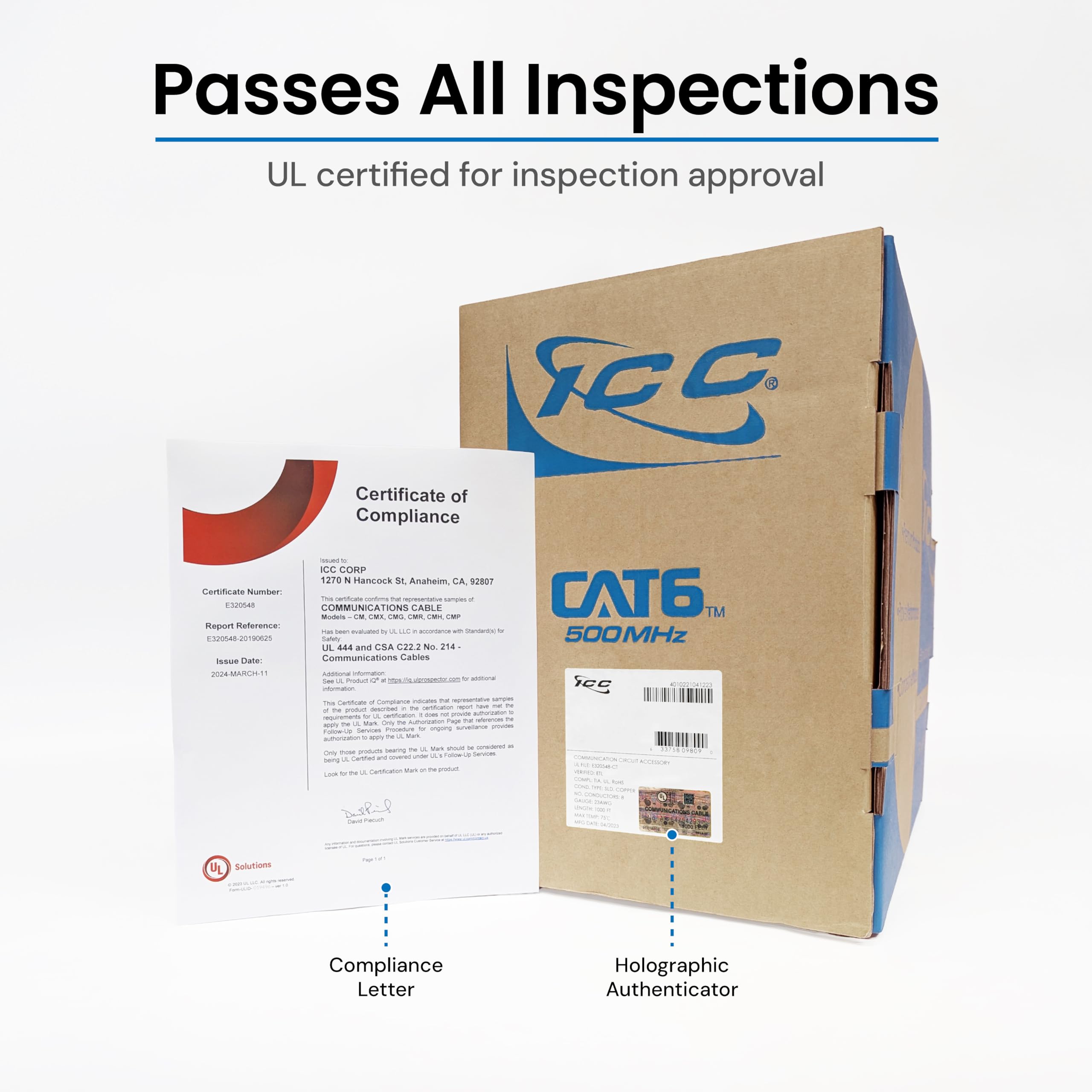 ICC Cat6 CMR Riser 1000ft - UTP 23AWG, 100% Solid Pure Copper, Unshielded, Bulk Ethernet Cable, PoE++, 500MHz, Reelex Pull Box, UL Certified, RoHS and TAA Compliant, Blue