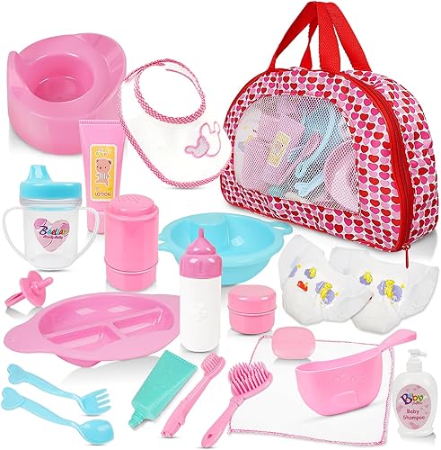 Miniatura 1 de Juego de 22 accesorios para muñecas de bebé con funda de transporte, incluye botella, taza para beber, chupete, babero, cepillo para el pelo, platos