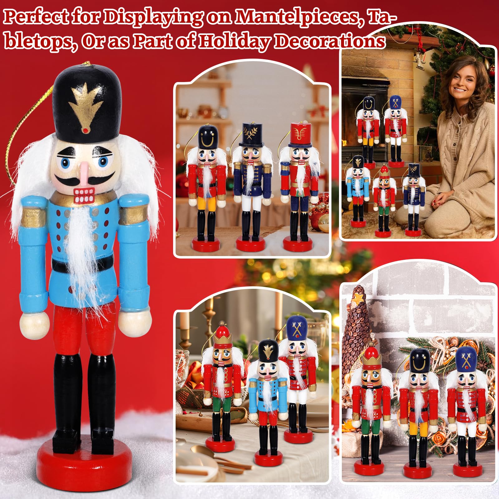 6 Pezzi Schiaccianoci Natale 13cm,Soldatino Schiaccianoci Natale Tradizionale in Legno Fatto Dipinto a Mano,Adatto per Essere Appeso,Per Albero,Decorazione per La Casa E Feste,Natalizi Regalo