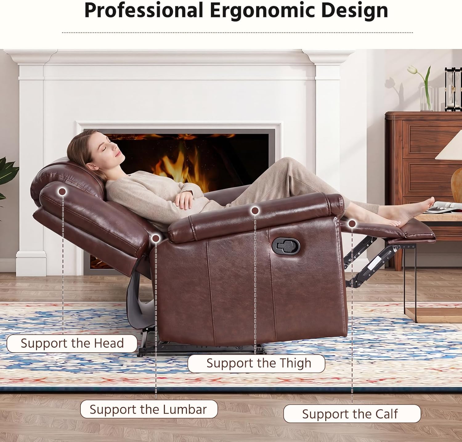 ANJ Premium Genuine Leather Manual Recliner Chair for Adults, Overstuffed Recliners Set of 2 with Padded Backrest, Heavy Duty Reclining Sofa for Living Room, Rust Brown