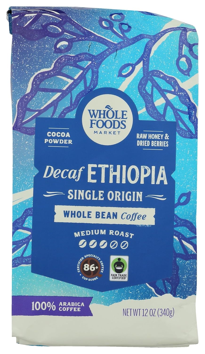 Whole Foods Market, Decaf Ethiopia Single Origin Whole Bean Coffee, Medium Roast, Cocoa Powder, Raw Honey & Dried Berries, 12 Ounce