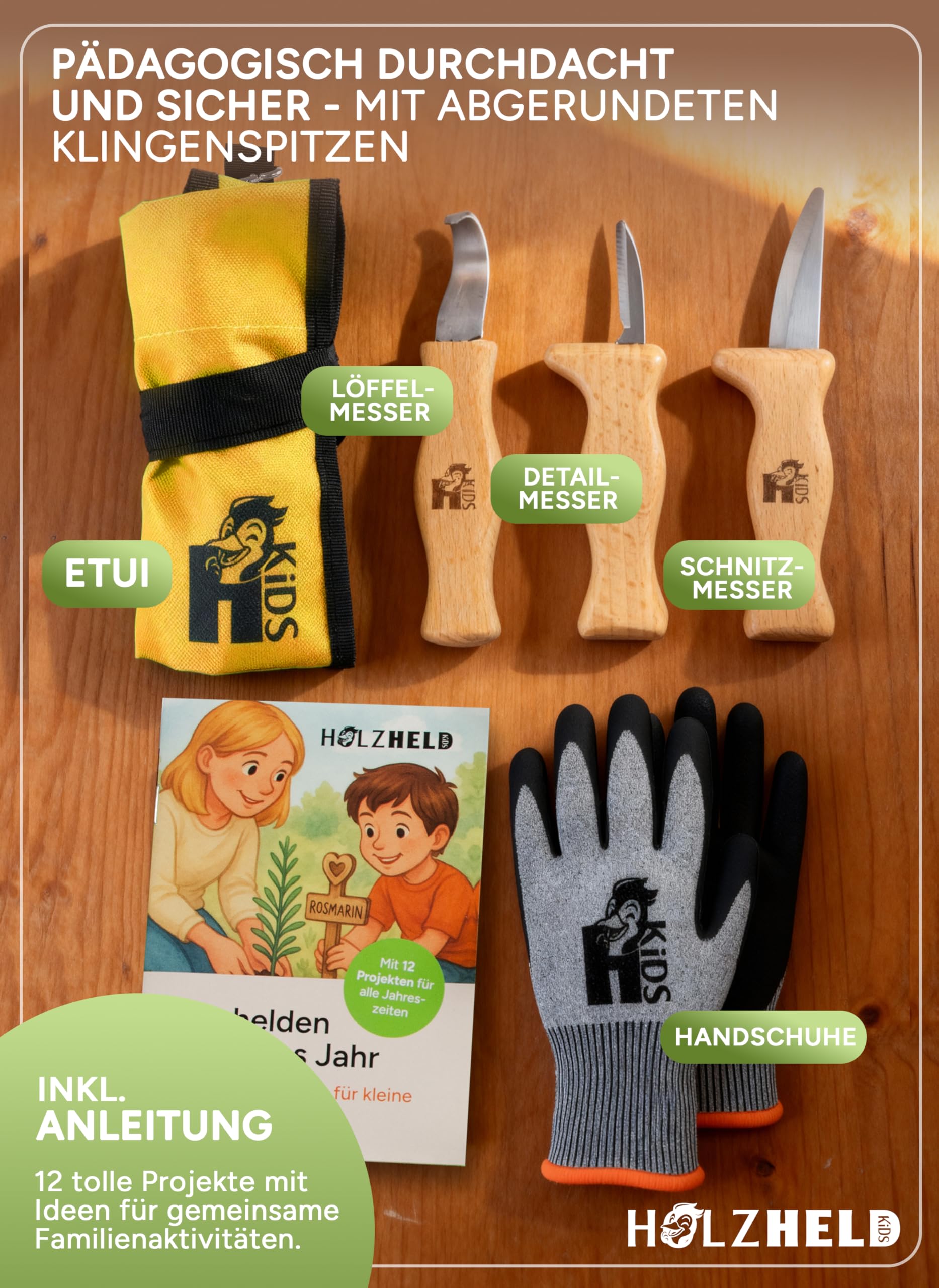 HOLZHELD - Schnitzmesser Kinder ab 4 Jahren - Schnitzwerkzeug Set inkl. Schnittfeste Handschuhe - Schnitzset mit praktischem Etui - Schnitzen Ab 4, 5, 6, 7, 8, 9 | Gelb Größe 5
