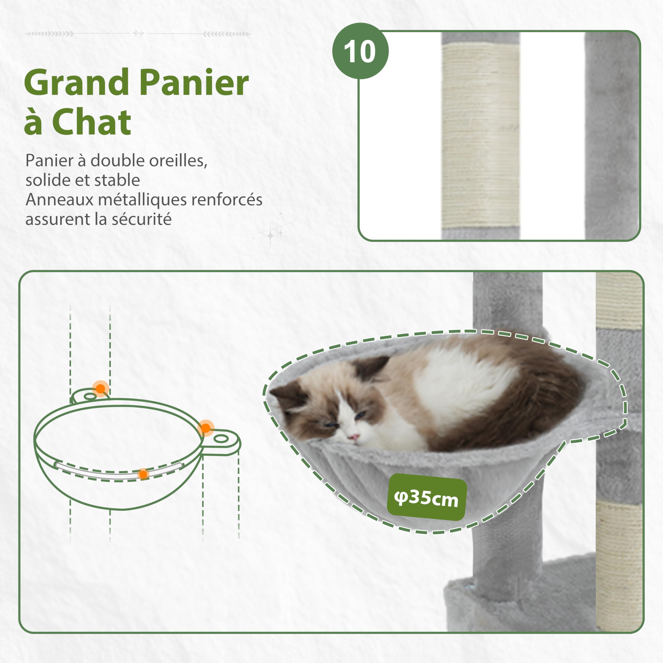 Gitelsnour Arbre à Chat 182 cm pour Grands Chats, Tour pour Chats Stable avec 3 Grandes niches, 3 Plateformes, Panier et 10 poteaux à griffer, idéal pour Famille multichats, Gris Clair GCT036W