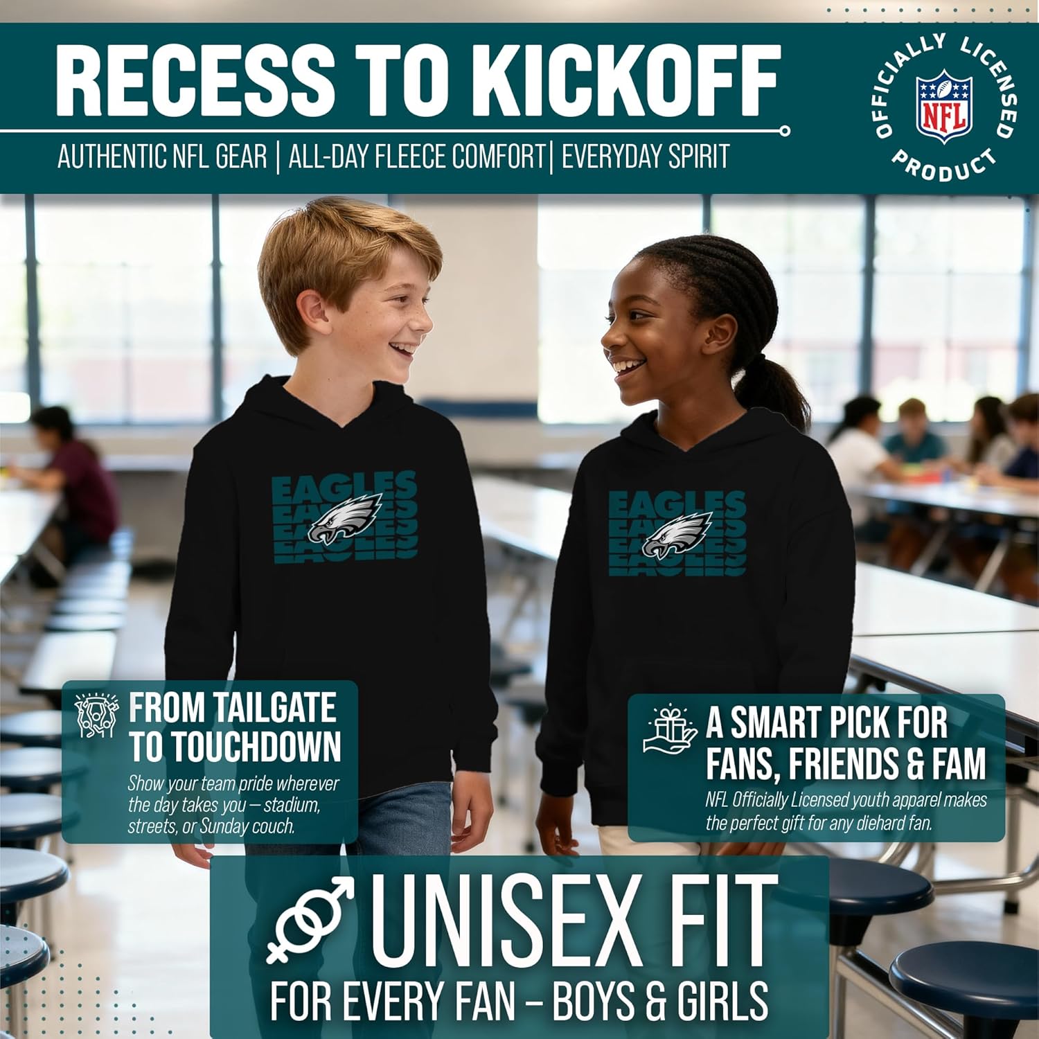 Team Fan Apparel NFL Youth Repeating Logo Football Fleece Hooded Sweatshirt, For Boys and Girls, Pro Hoodie Pullover