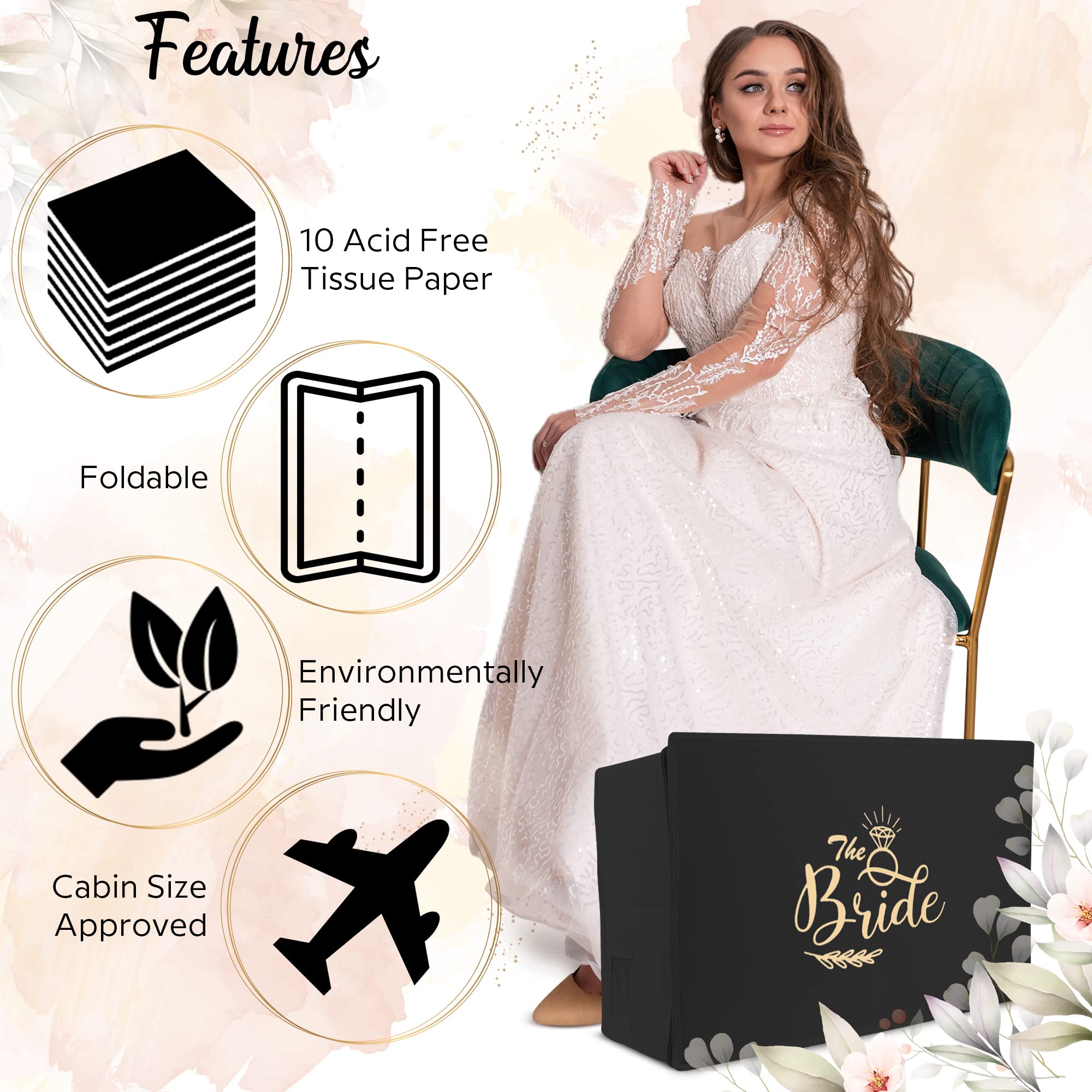 Wedcova UK Personalised Wedding Dress Storage Box Breathable Fabric Bridal Dress Clothes Storage Travel Box with 10 Acid Free Tissue Papers (Black - Image 2