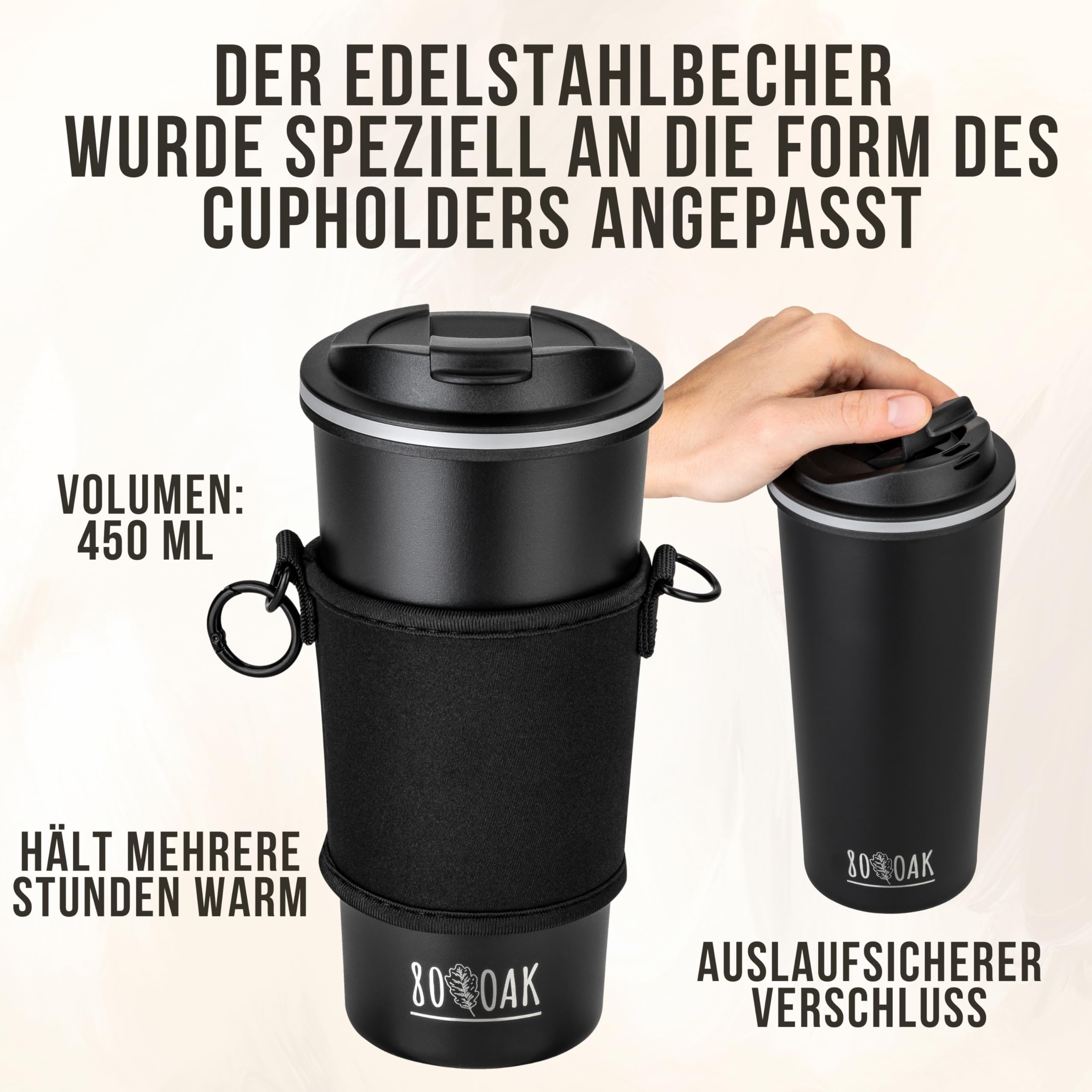 Kaffeebecher und Cupholder Set. Becherhalter und Thermobecher zum Umhängen. Getränkehalter aus Neopren mit verstellbaren Schultergurt (Schwarz, Muster Braun)