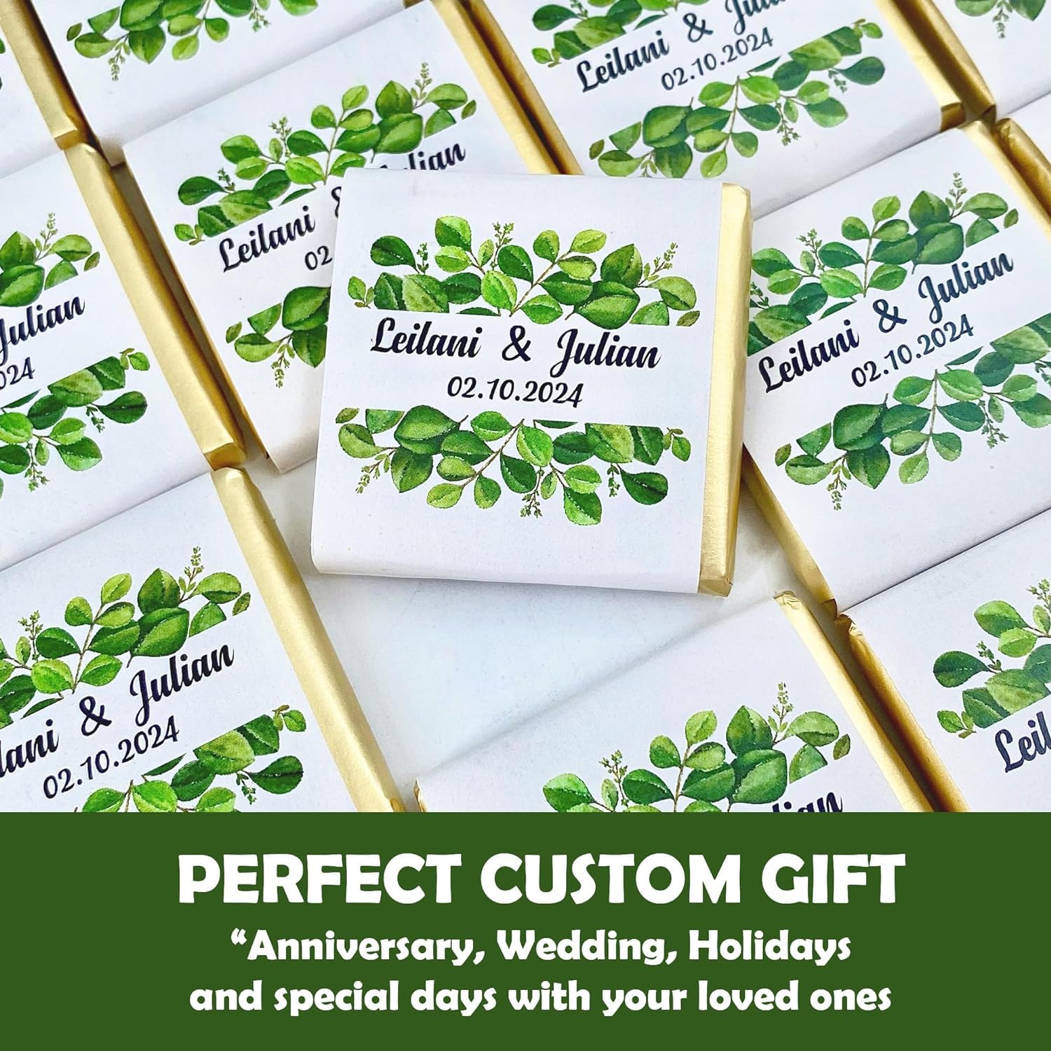 Set mit 50 personalisierten Hochzeitsschokoladen, individuelle Schokoladen-Hochzeitsgeschenke für Gäste, personalisierbares Hochzeitsgeschenk, einzigartiges Design für Hochzeit, Brautjungferngeschenke