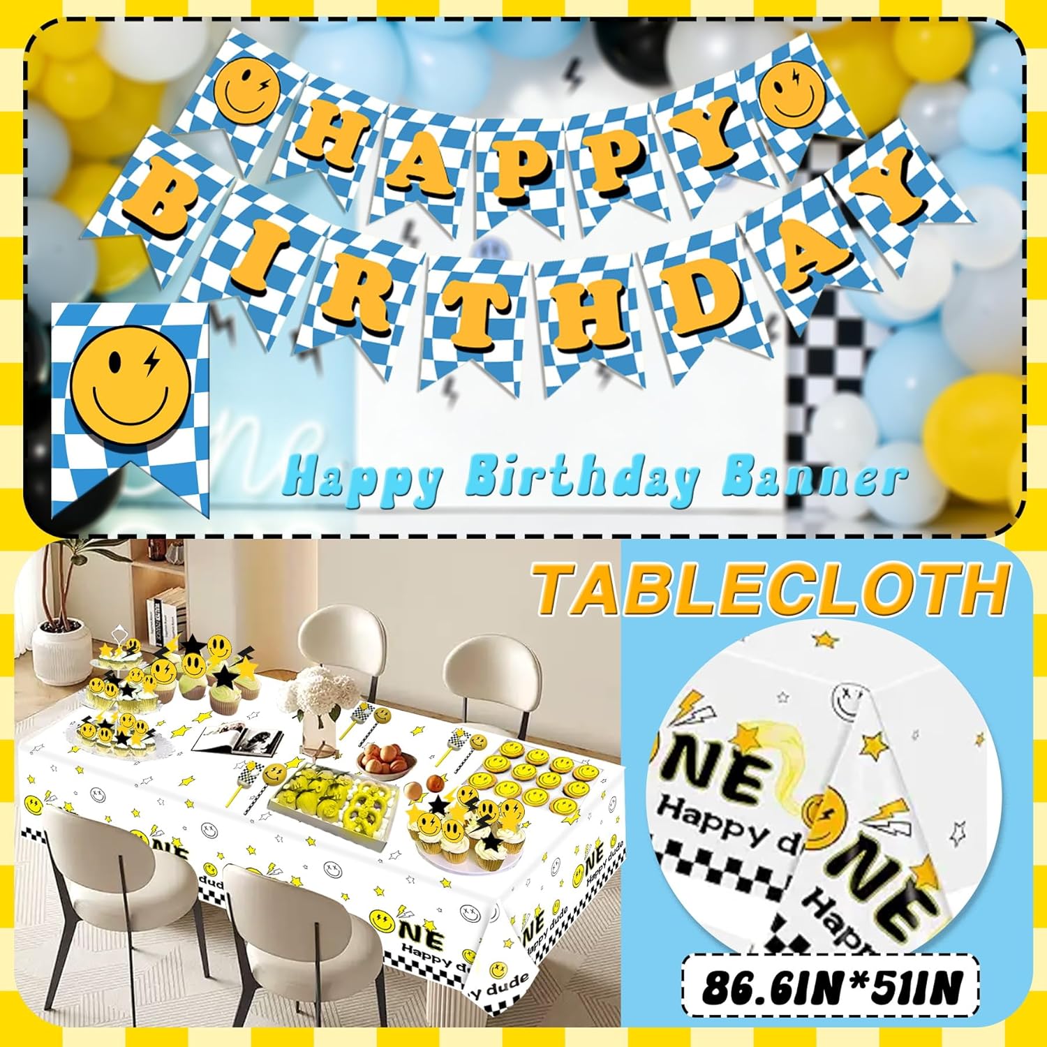 One Happy Dude Birthday Decorations, One Happy Dude 1st Birthday Decorations Blue, Backdrop Balloons Happy Birthday Banner Cake Topper Balloon Box for One Cool Dude 1st Birthday Decorations
