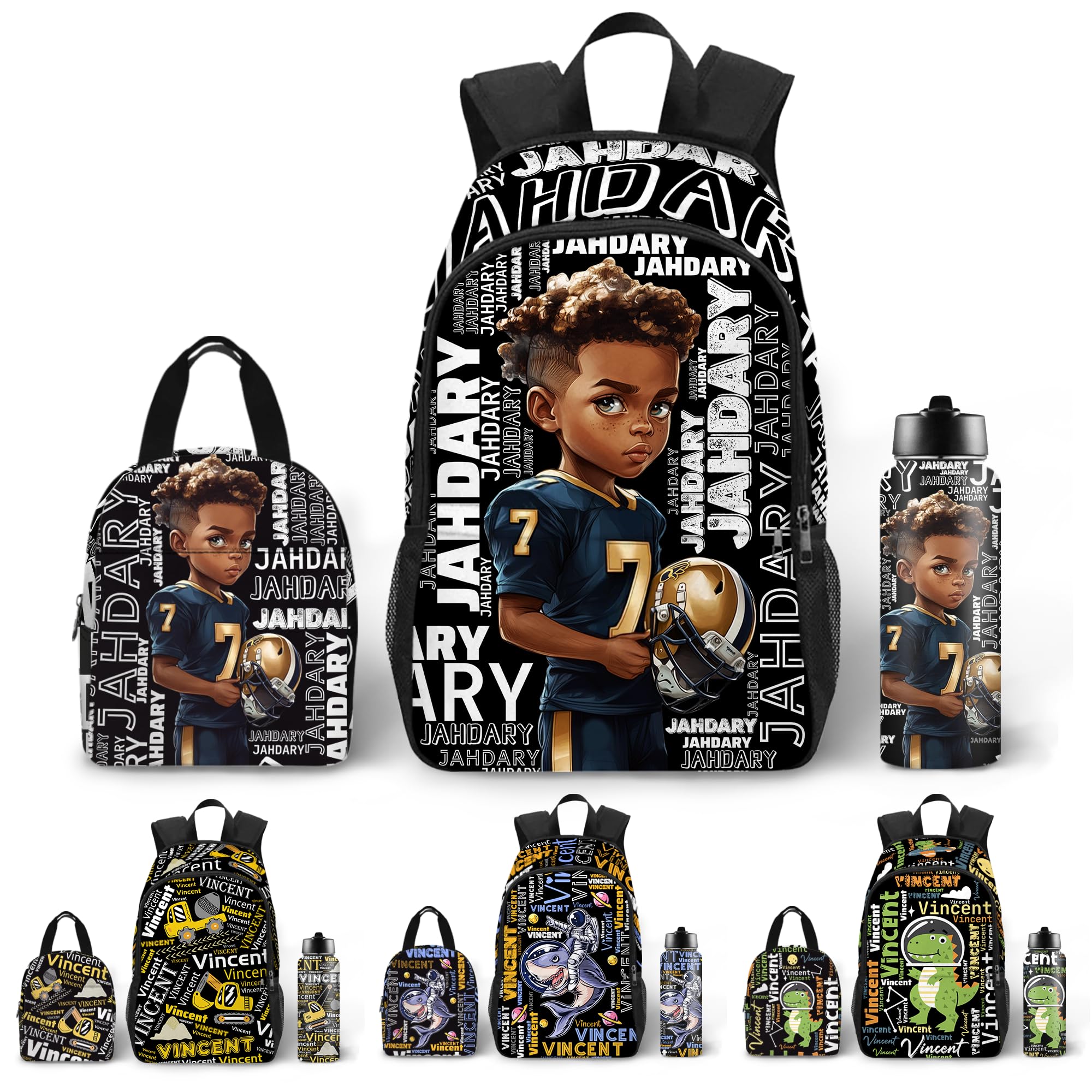 Purgmipth Custom School Backpack with Name for Boys, 18" Large Capacity School Bag Sets, Insulated Leak-proof Lunch Bag, 18 oz Insulated Water Bottle