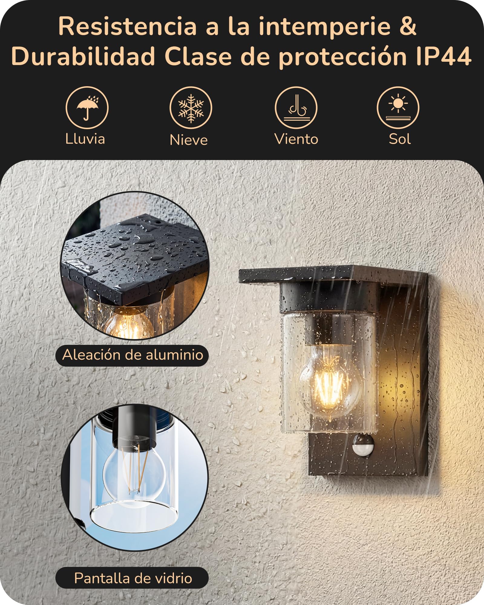 EDISHINE Aplique Exterior, Sensor Movimiento, Cristal Transparente, Negro | Casquillo E27, Impermeable IP44, Carcasa de Aluminio, Sin Bombilla, ideal para Puerta de Entrada y Fachada
