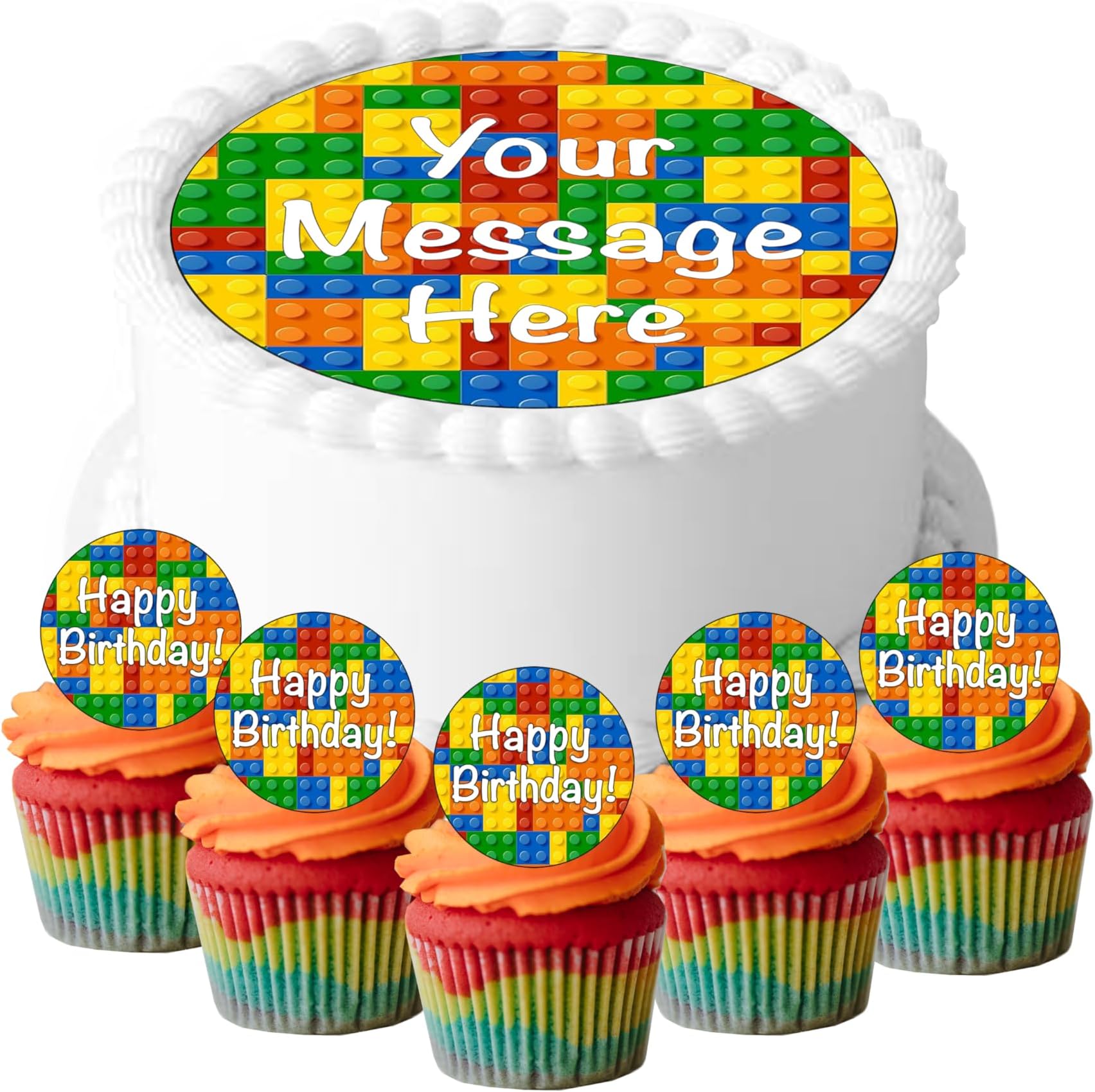 PERSONALISED 7.5" Circle Colourful Blocks Bricks Design Edible Icing Cake Topper & 24 PRE-CUT Round 40mm Colourful Blocks Bricks Happy Birthday Design Edible Wafer Paper Cake Toppers
