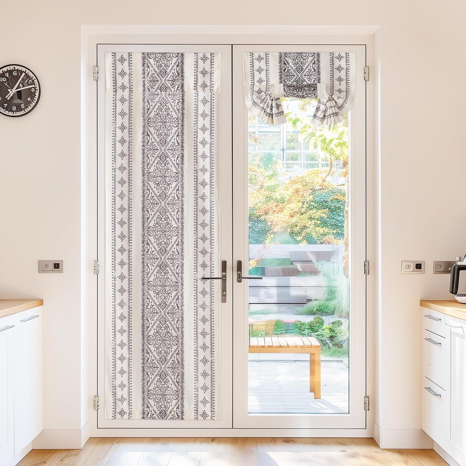 NICETOWN Glass Door Curtains Linen Blended, Farmhouse French Door Blinds Boho Print Privacy Window Treatment Covering for Patio Front Tieback Include, W26 x L72 inch, Greyish White, 1 Panel