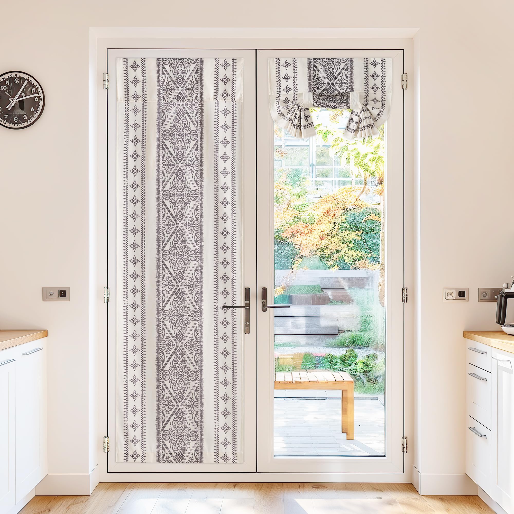 NICETOWN Glass Door Curtains Linen Blended, Farmhouse French Door Blinds Boho Print Privacy Window Treatment Covering for Patio Front Tieback Include, W26 x L72 inch, Greyish White, 1 Panel