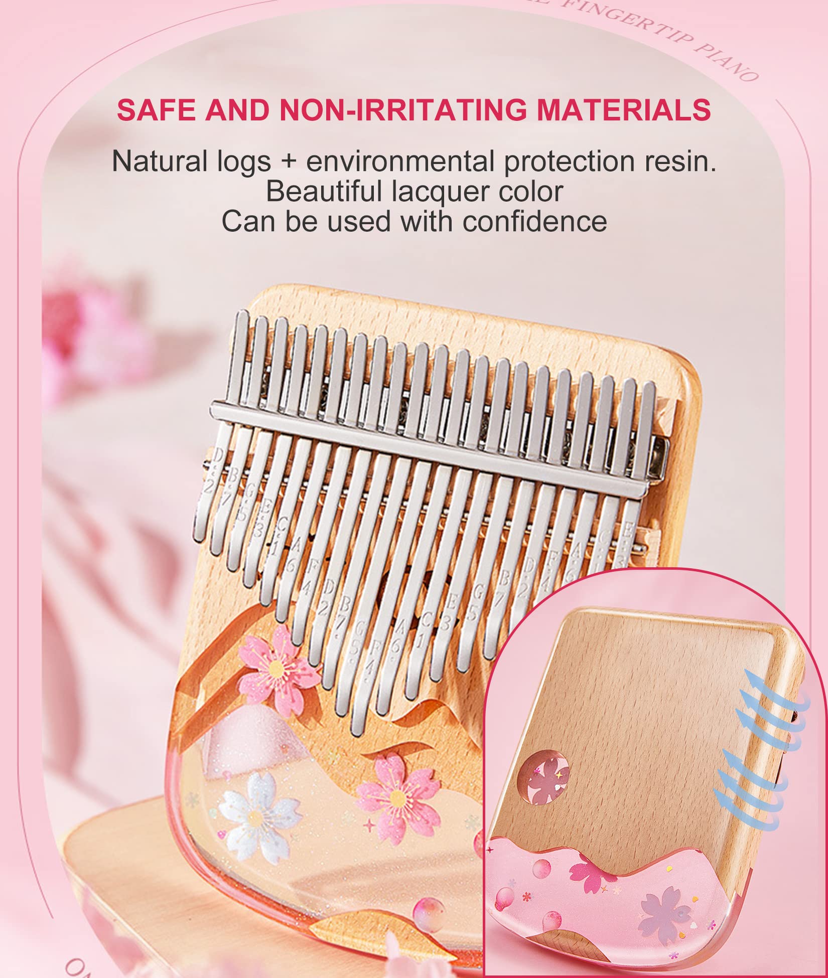 BOTOWI 21 Key Daumenklavier Crystal Kalimba, Transparentes Acryl C-Ton mit Eva-Tasche, 17 Tasten Fingerklavier Musical Geschenk, Aufkleber, Stimmhammer, Reinigungstuch,21keys Sakura