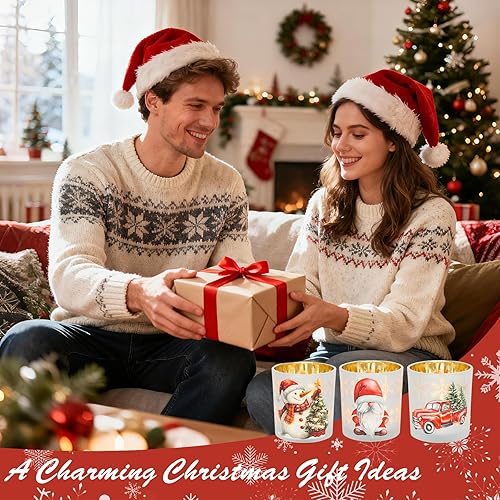 Miniatura 7 de Portavelas votivas de Navidad, juego de 3 portavelas de cristal blanco dorado rojo para centros de mesa de Navidad, portavelas de té de Navidad con