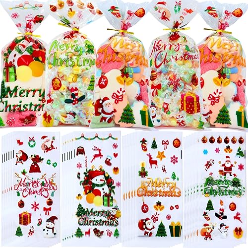 MOLIDA 150 bolsas de celofán de Navidad, bolsas de dulces transparentes de Navidad con 160 lazos giratorios para suministros de fiesta de Navidad