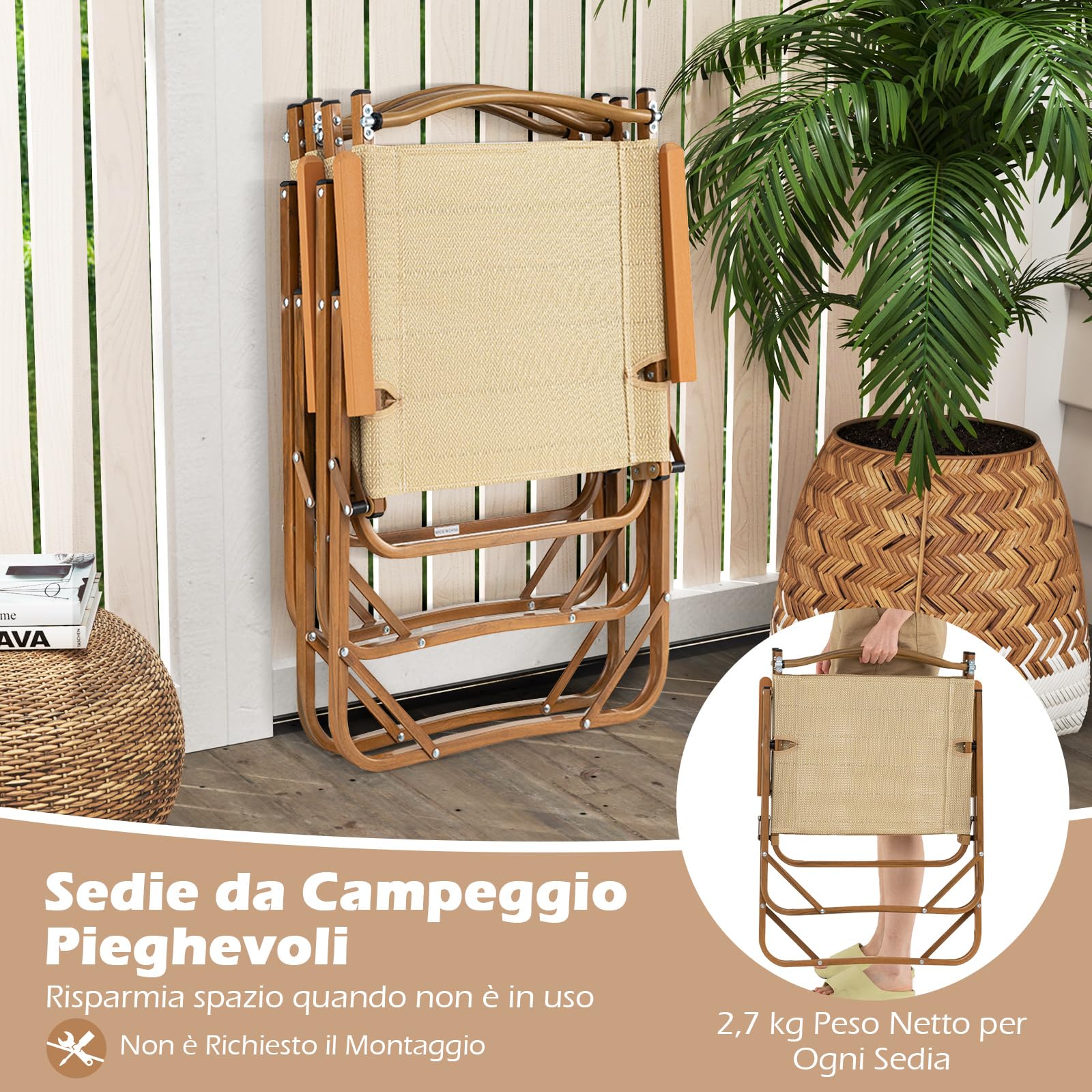 COSTWAY Set di 2 Sedie da Campeggio Pieghevoli, Sedie da Spiaggia Leggere con Telaio in Alluminio, Sedie da Giardino Portatili con Braccioli per Esterni, Portata 180 kg