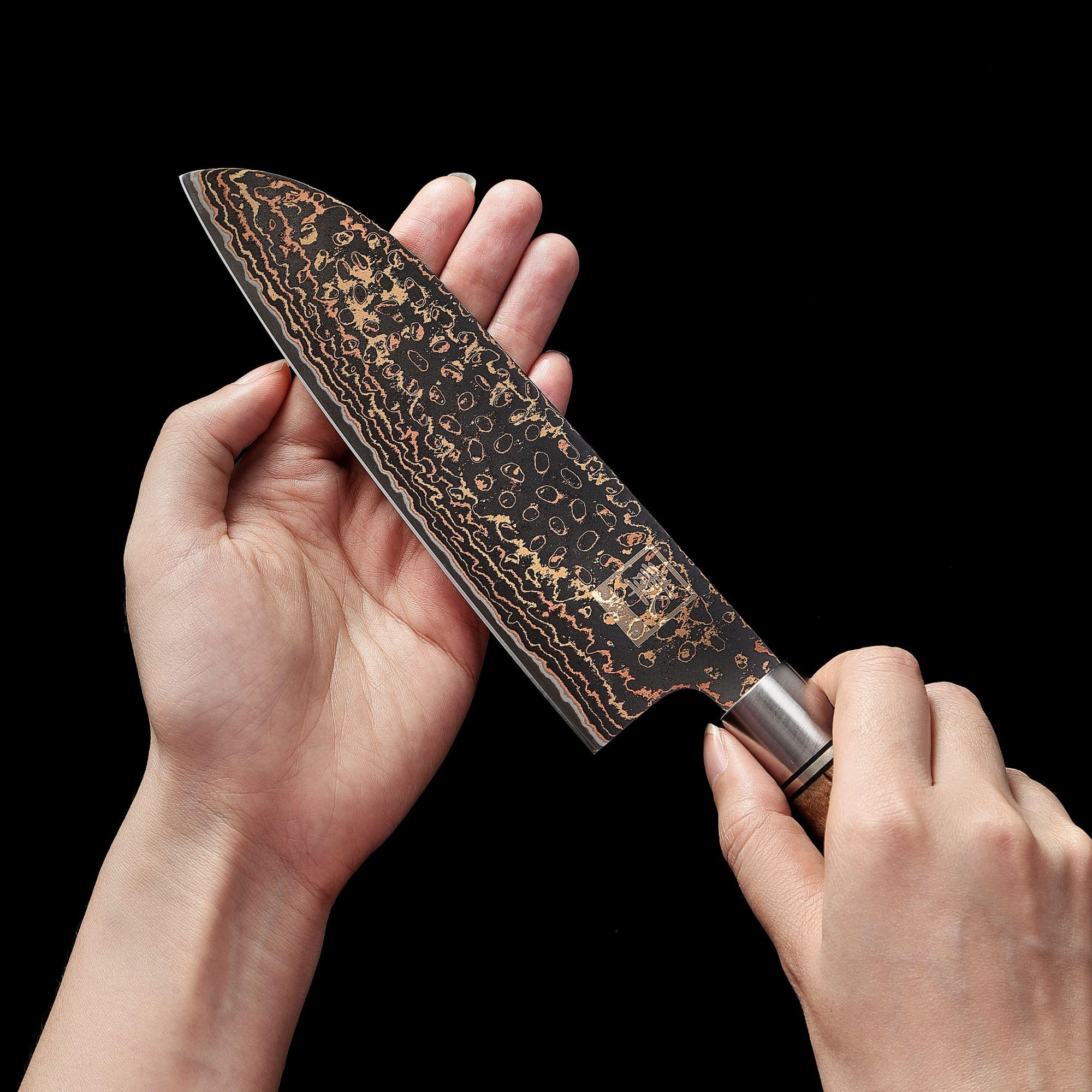 Zayiko BlackMagma Damastmesser 14 Cm – Allzweckmesser Aus Damaststahl Mit Kupfer-Bronze-Einlage & Ahornholzgriff, In Geschenkbox