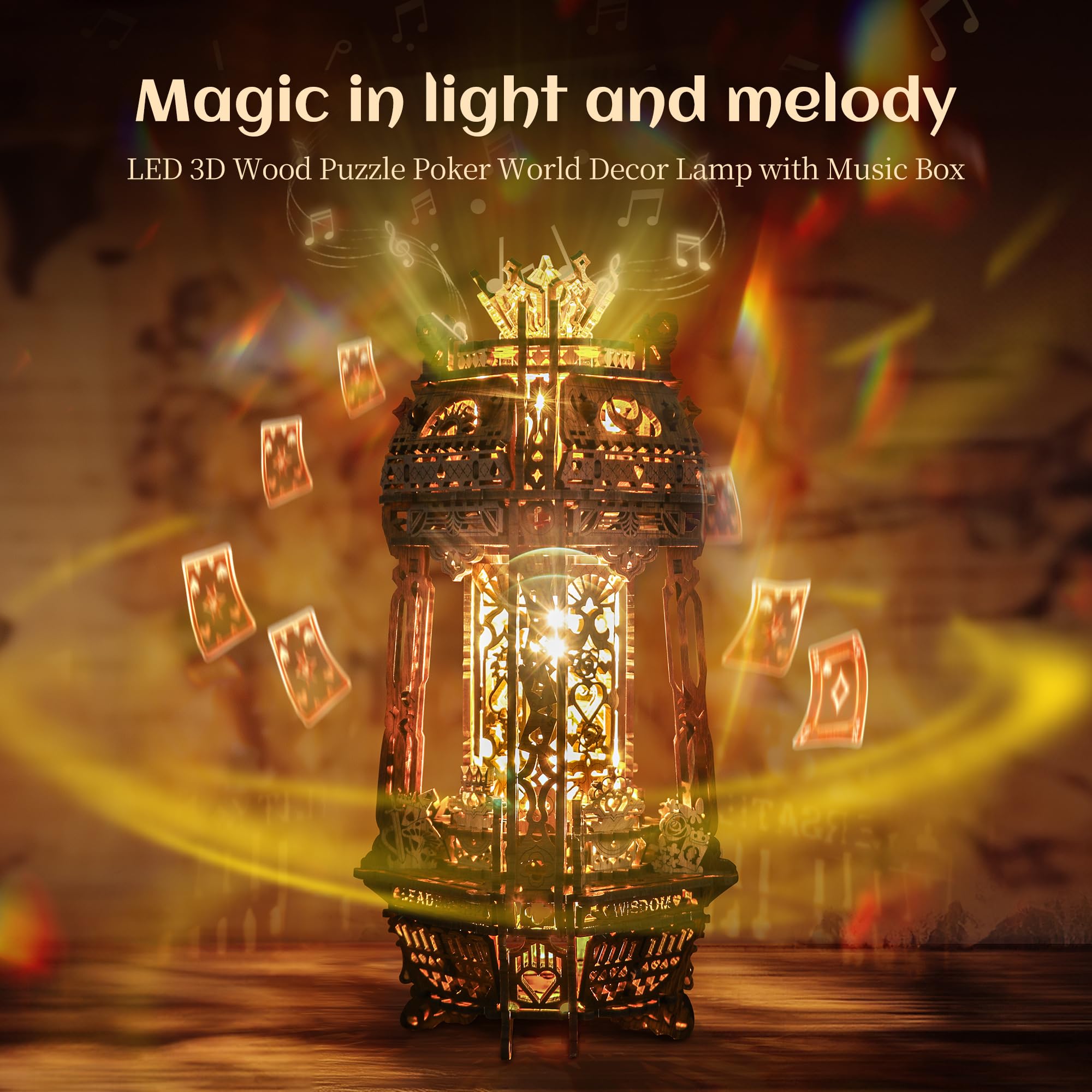 FUNPOLA LED 3D Wood Puzzle Poker World Projector Lamp, DIY Craft Kit with LED Lights and Music Box, Creative Poker-Themed - Image 2