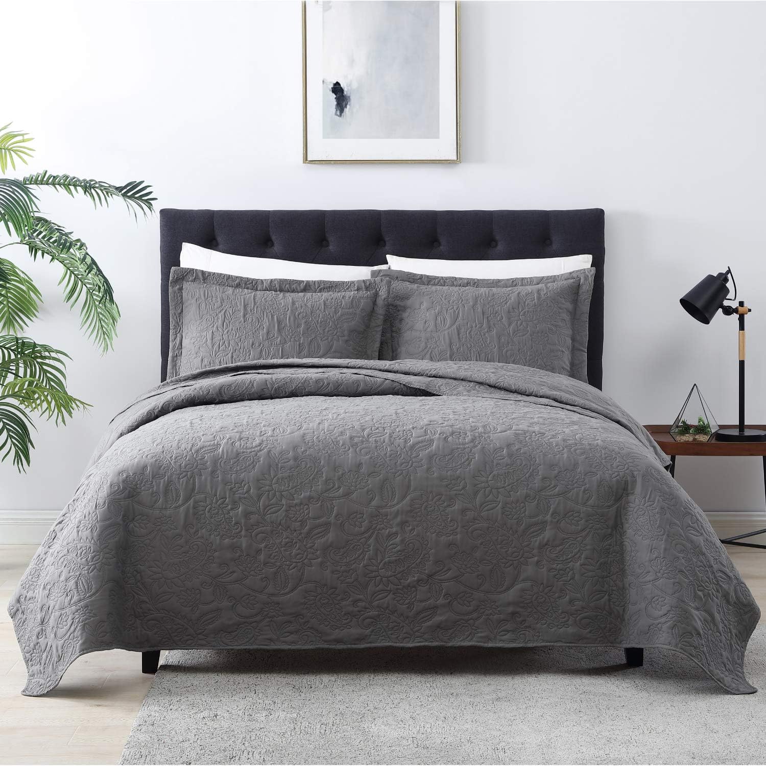 EXQ Home Quilt Set Full Queen Size Grey 3 Piece,Lightweight Microfiber Coverlet Modern Style Paisley Pattern Bedspread Set