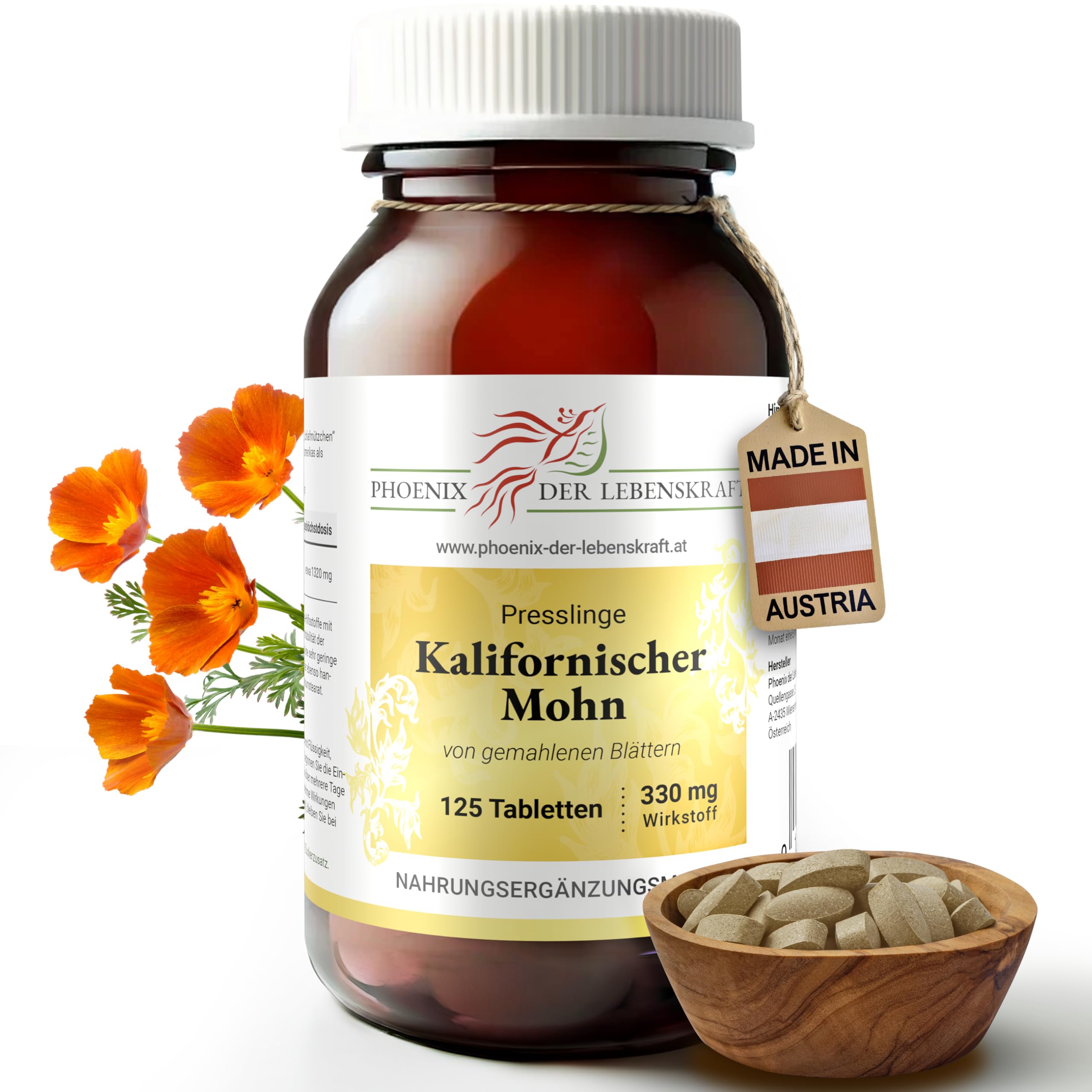 Kalifornischer Mohn Tabletten 330mg | 125 Tabletten Eschscholzia californica | Premium Qualität aus Österreich | Vegane Tabletten statt Kapseln ohne Zusatzstoffe | Schlafmützchen, California Poppy