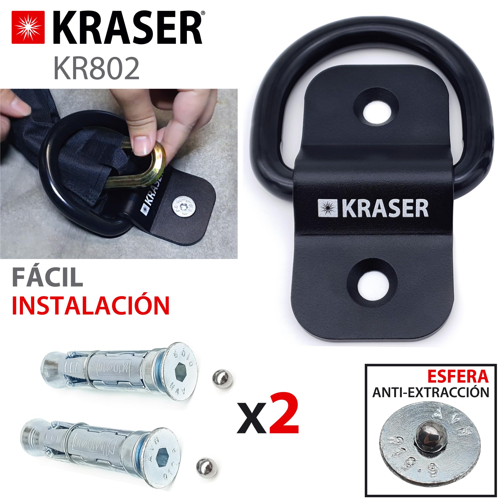 KRASER KR802 Anclaje Suelo Moto con Anilla Basculante ø14, Compacto y Robusto de Acero, Tacos Alta Seguridad Expansivos, Antirrobo Seguridad Fijacion Pared Universal para Anclar Moto Bicicleta Parking