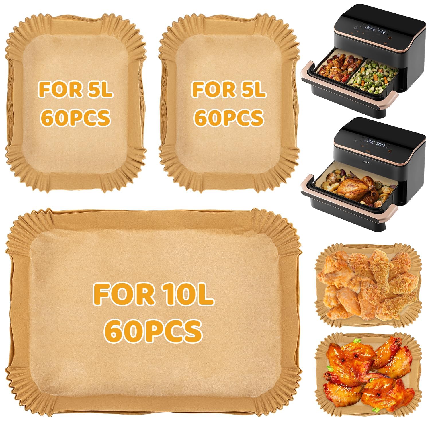 Carta Forno Per Friggitrice Ad Aria Cosori 10L - 180 Pezzi, Antiaderente, Resistente Al Calore - Foto 5