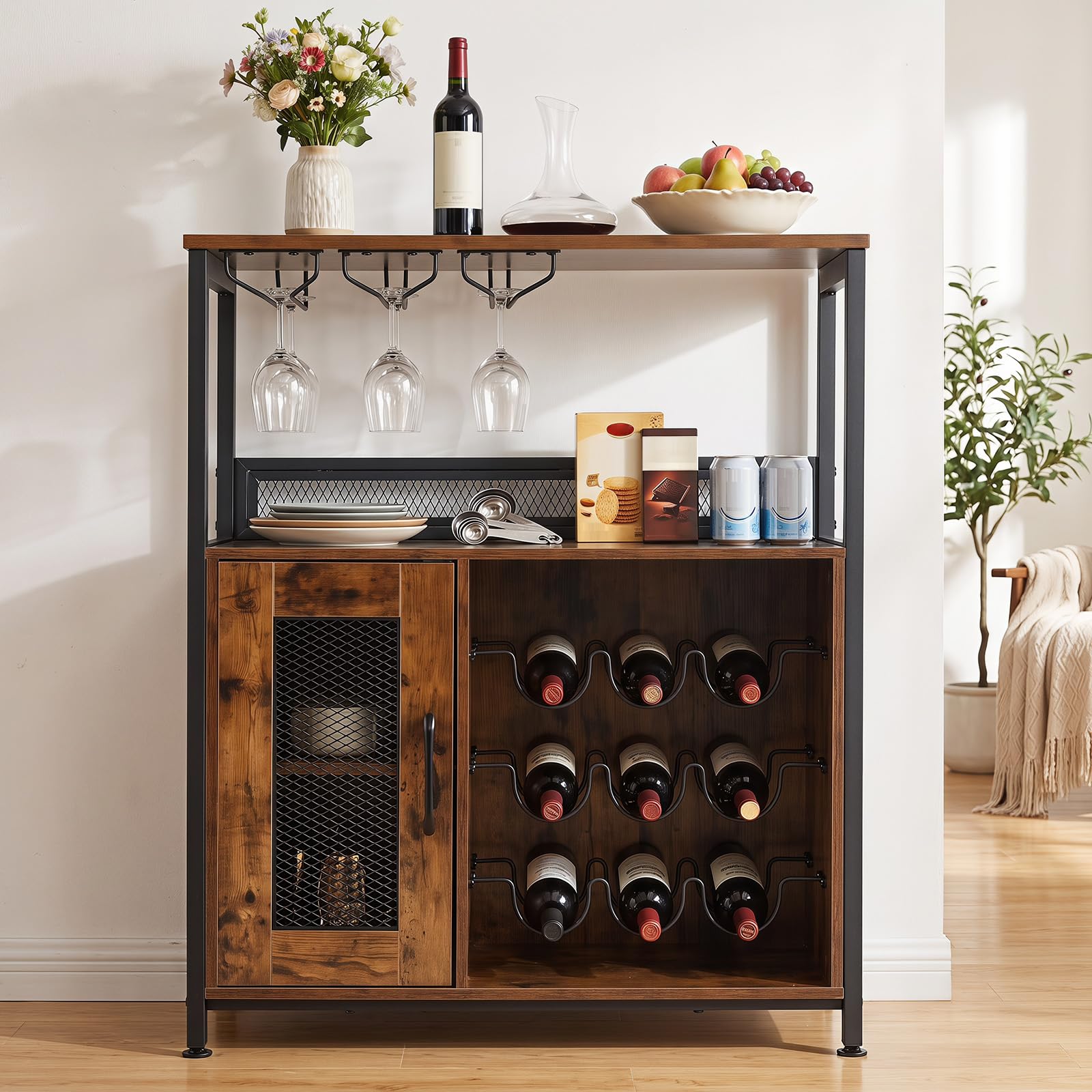 GIANTEX Armoire à Vin avec 3 Porte-Verres et Casiers à 9 Bouteilles, Meuble à Vin avec Kit Anti-Basculement, Organisateur Industrielle pour Salon, Salle à Manger, Cuisine, Bar, Marron Rustique