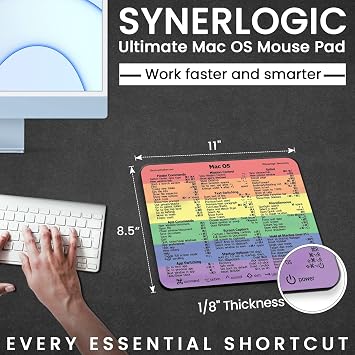 Synerlogic Ultimate Mac OS Keyboard Shortcut Reference Guide v2.0 Mouse Pad - Premium Laminated Non-Slip Rubber (Rainbow)