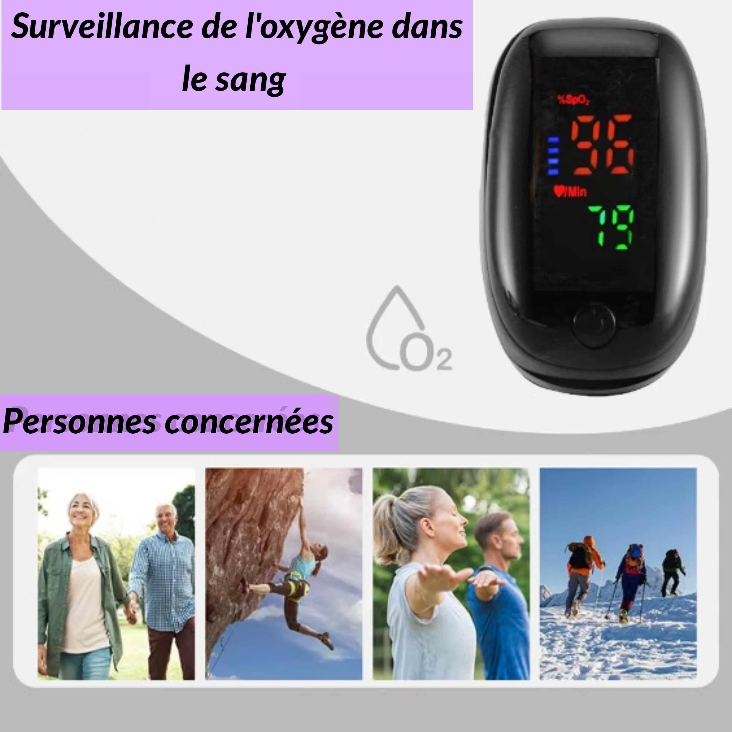 Oxymètre de Doigt Professionnel, Saturomètre SPO2 avec Écran LED, Mesure rapide de Saturation Oxygène et Fréquence Cardiaque, etui de protection + Piles Incluses, Idéal pour sportifs (noir)