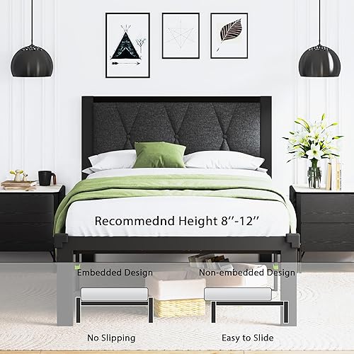 Miniatura 7 de Feonase Base de cama de metal de tamaño individual con cabecera capitoné de tela con botones, marco de cama de plataforma con listones de metal Gris