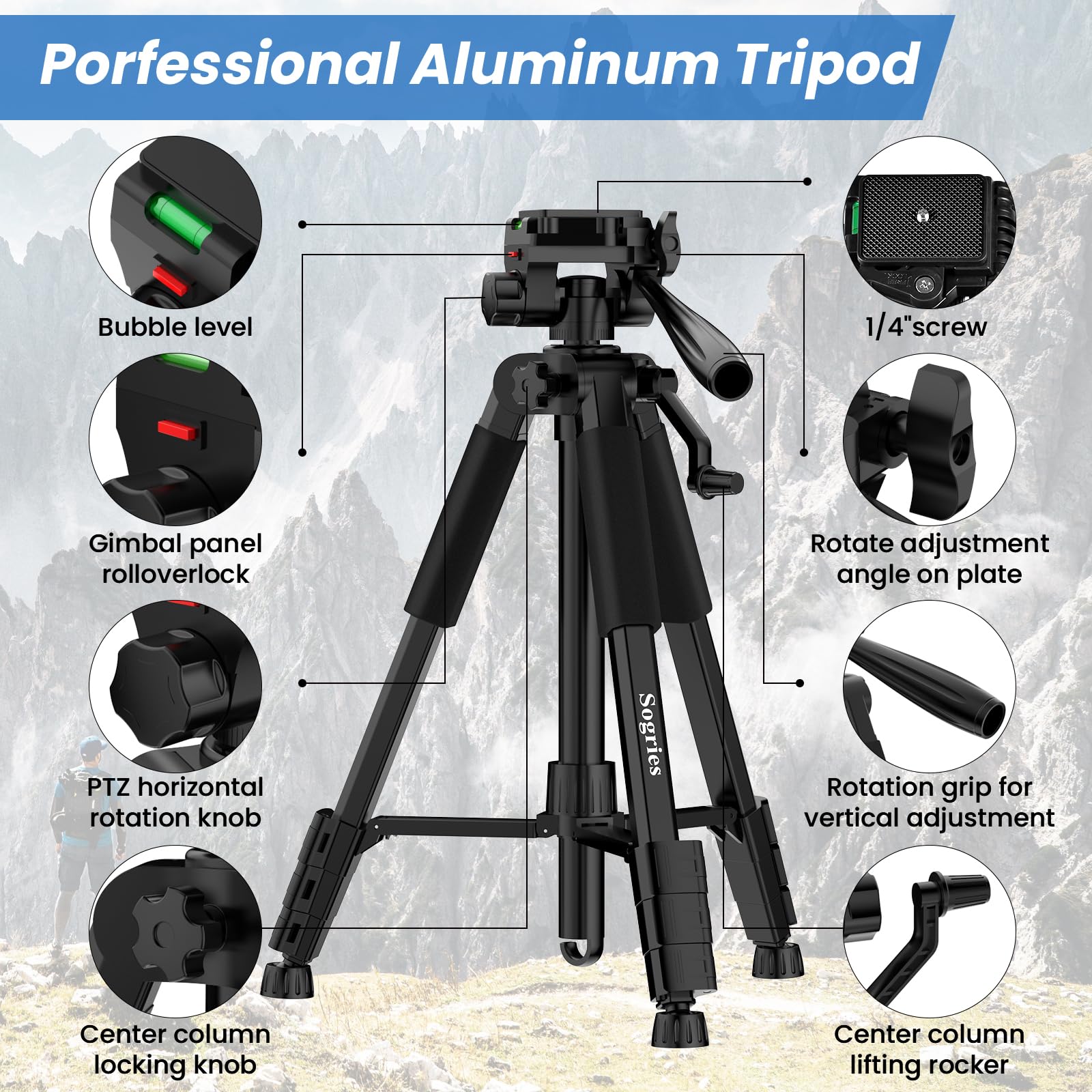 Sogries Treppiede – 60'' treppiede da viaggio professionale leggero in alluminio per fotocamera/DSLR/cellulare/videocamera/binocolo/microscopio