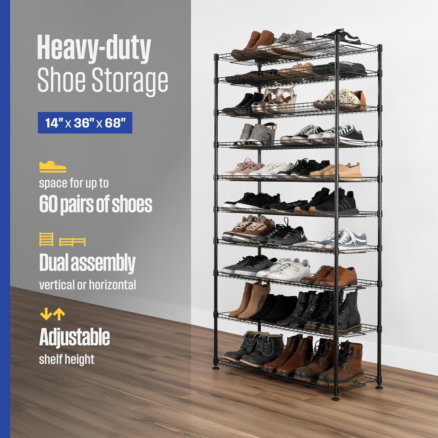 SafeRacks 10-Tier Shoe Rack - Black, Large Shoe Storage Organizer, 60 Pair, Heavy Duty Shoe Stand with Vertical Free Standing Shoe Shelf, Perfect for Entryway, Closet, Garage, & Bedroom Storage
