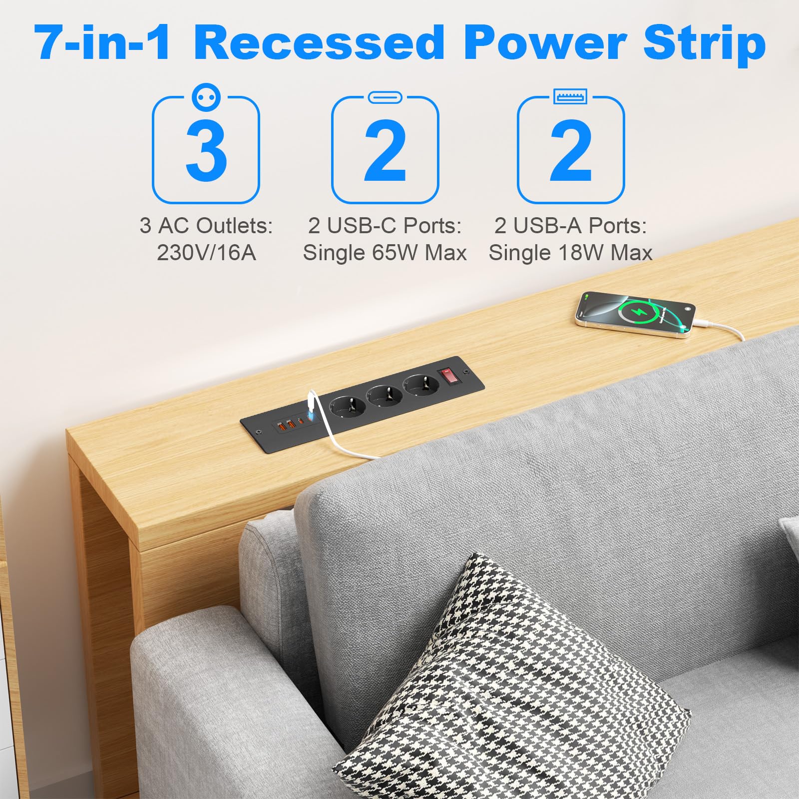 Presa da incasso con 65 W USB-C, 3 prese e 4 porte USB, Sewingvr Versenkbare Tischsteckdose, Einbauleiste per scrivania/ufficio/cucina, cavo da 1,8 m, nero