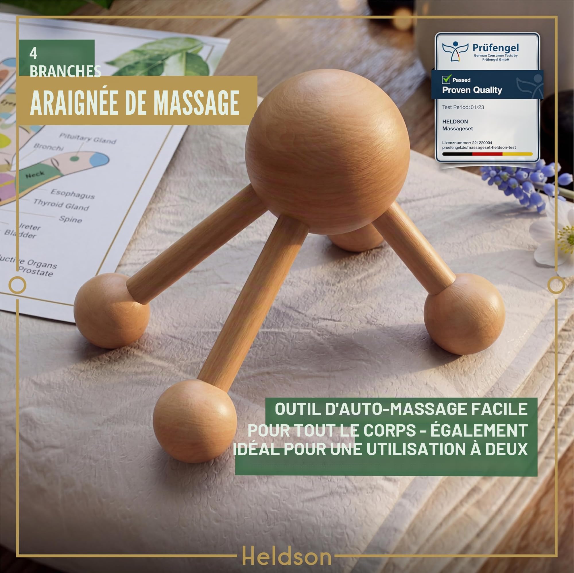 HELDSON® Kit de massage en bois de qualité supérieure [6 pièces] FSC® 100% – Outils pour massage des pieds et de la tête – Bouton de déclenchement
