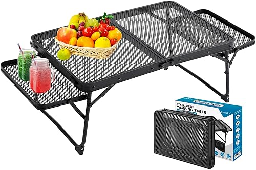 Miniatura 8 de Mesa de camping familiar plegable con 2 paneles de alas, mesa de parrilla de metal con mesa de malla, 2 alturas ajustables, mesa grande de picnic y