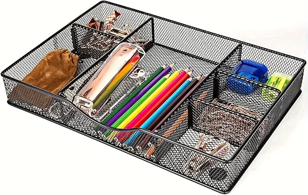 VyGrow Desk Drawer Organizer Tray, Metal Mesh Drawer Organizers Office, 6 Adjustable Compartment, Desk Organizer Tray for Home Office 12.87L x 8.73D x 1.96H inch, Black, 1PC Medium