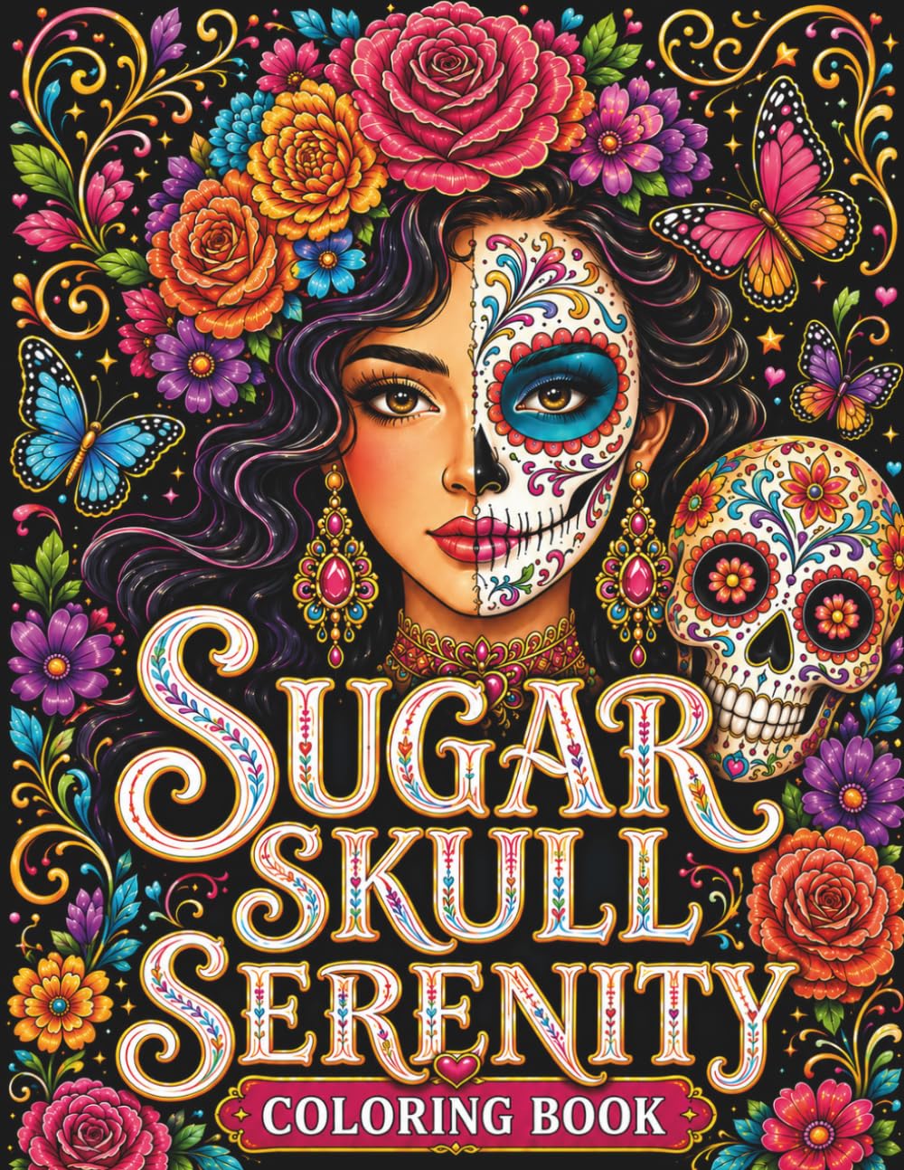 Sugar Skull Serenity: Coloring Book for Adults and Teens: 50 Día de los Muertos Calavera Designs with Marigolds, Mandalas, Flowers, Papel Picado & Relaxing Folk Art Patterns