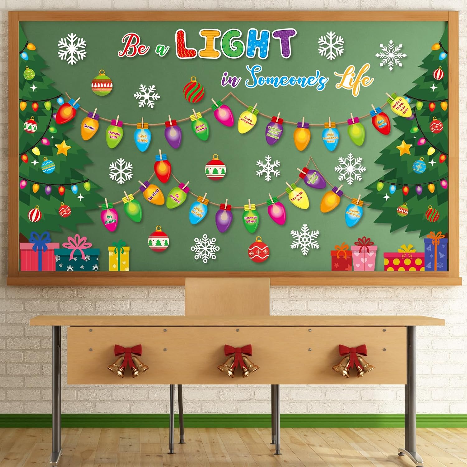 Pasimy Christmas Bulletin Board Decorations Set Colorful Light Bulbs Classroom Decorations DIY Inspirational Xmas Tree Snowflake Paper Cutouts with Wooden Clips for Chalkboard Winter Holiday Party image 5