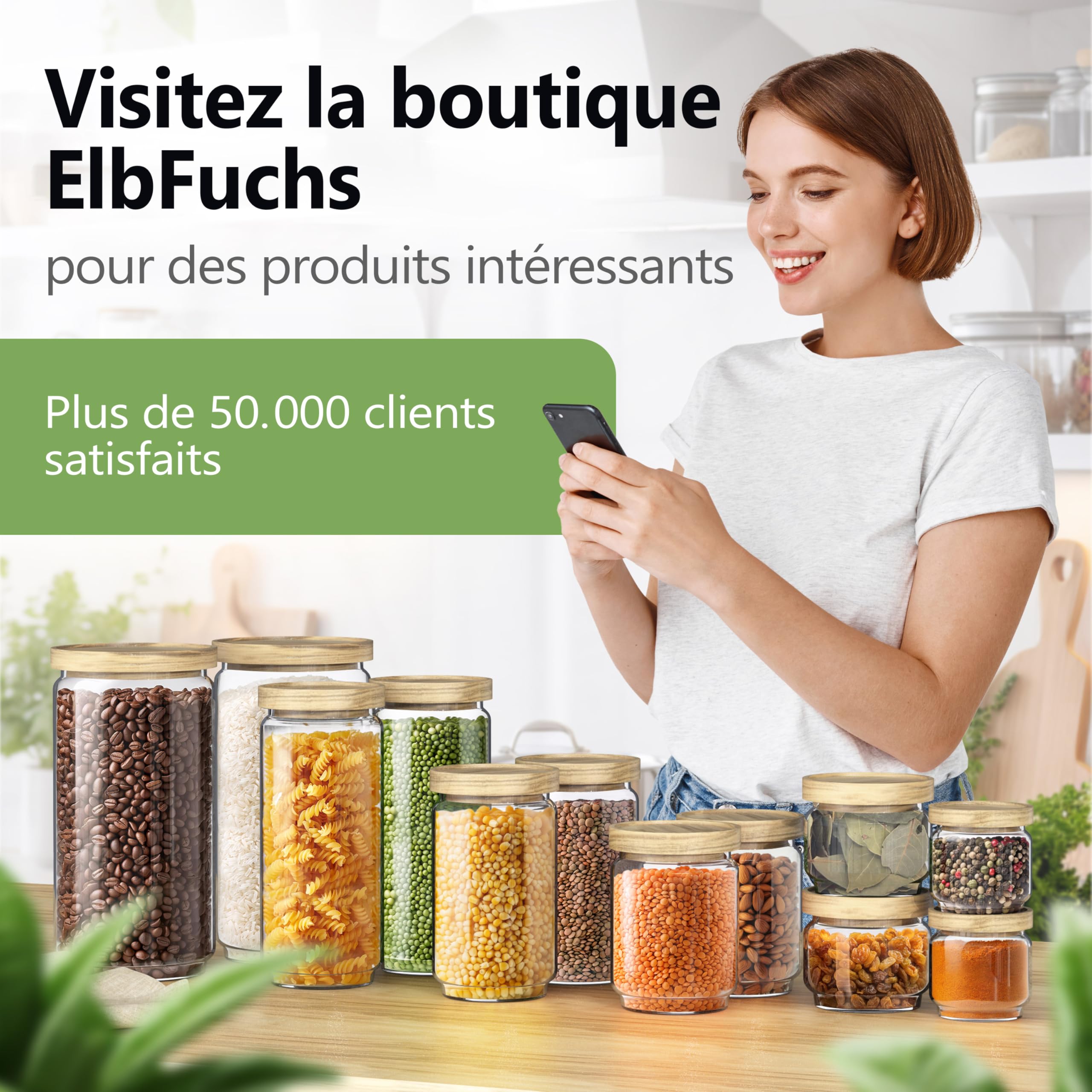 ElbFuchs® Bocaux en verre hermétiques 4x 300 ml | Sans BPA & anti-mites – Pots de conservation avec couvercle en bois | Noix, épices, thé & snacks