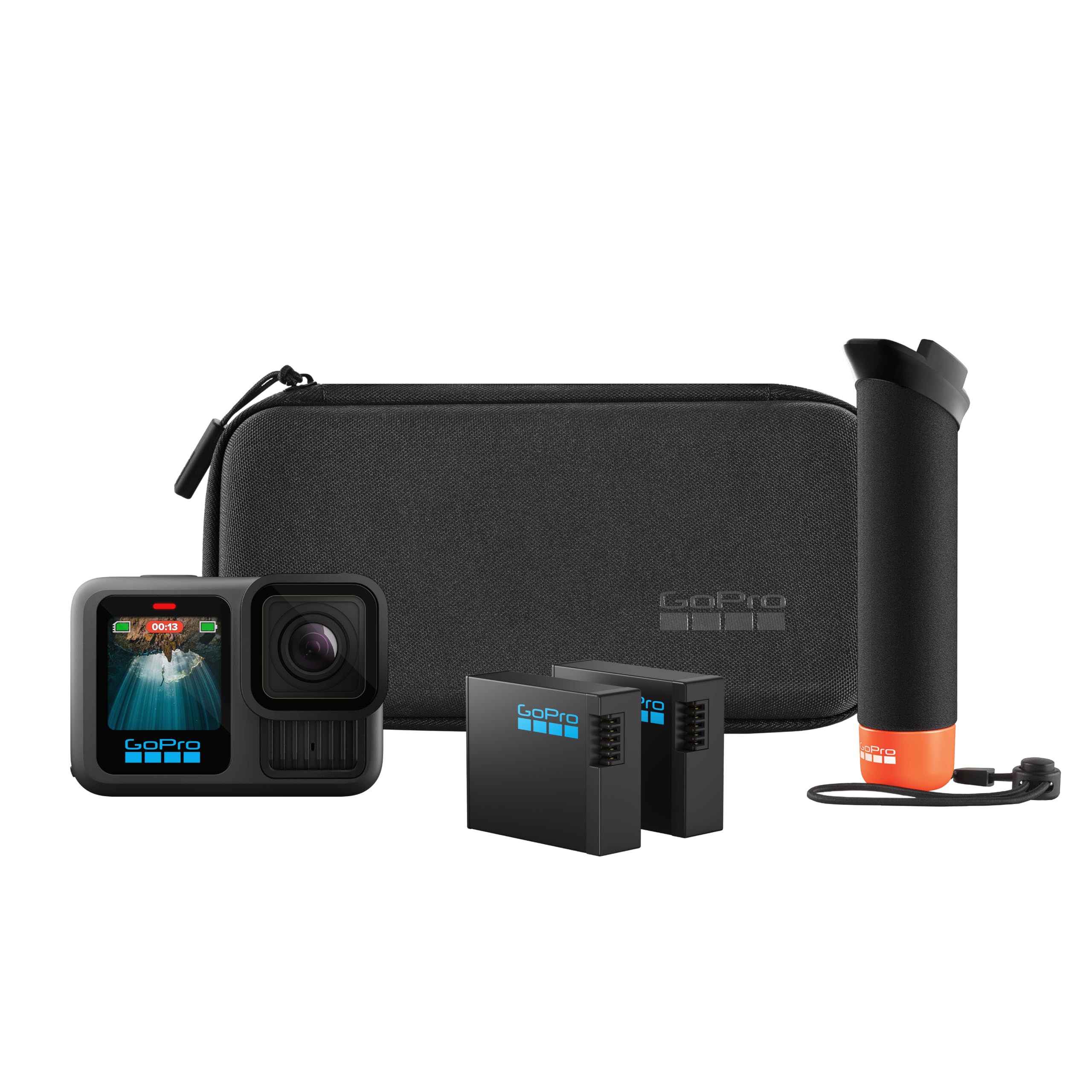GoPro HERO13 Black Zubehörpaket – enthält den Handler (schwimmender Handgriff), 2 Enduro-Akkus, 2 Gebogene Klebehalterungen, Tragetasche und mehr