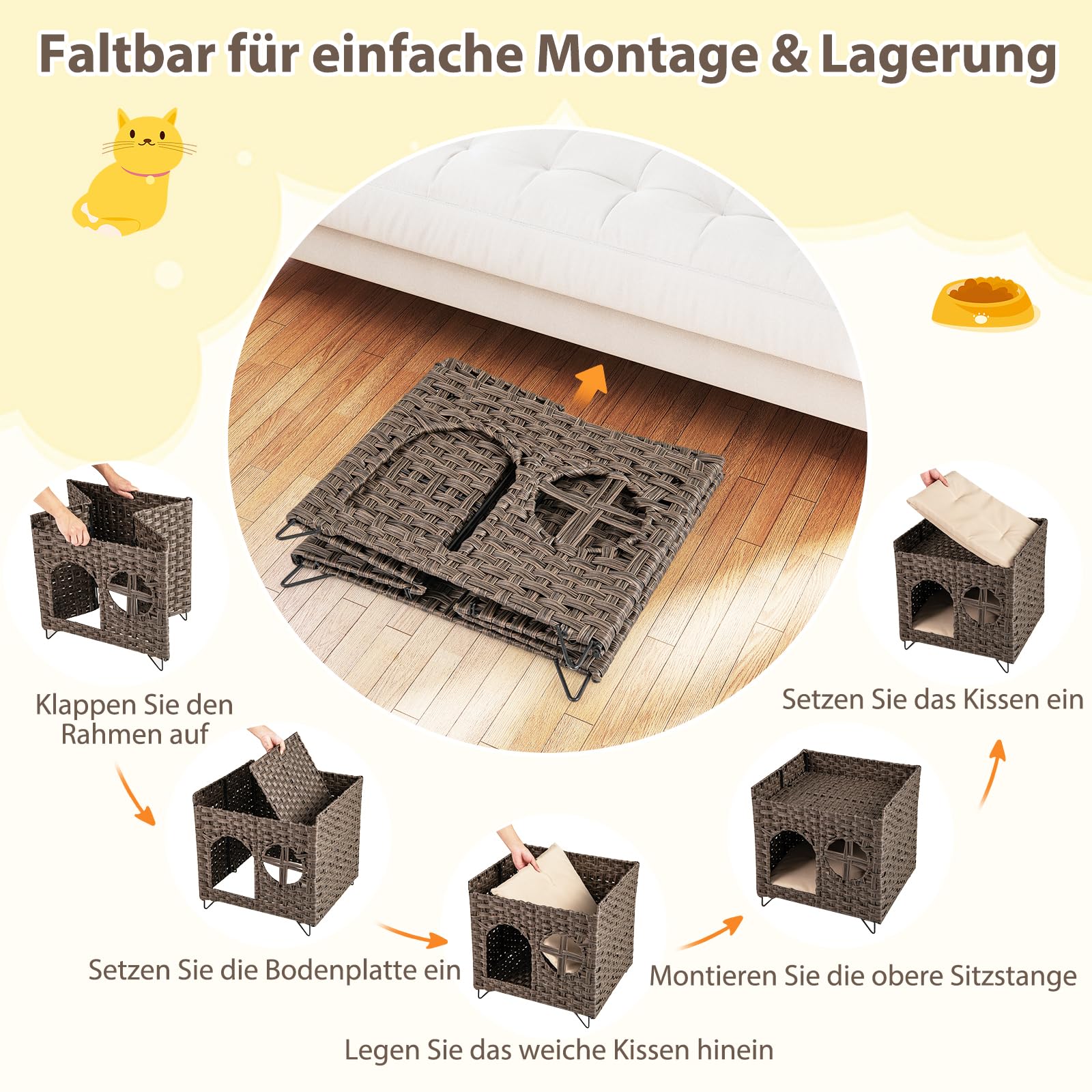 GYMAX Rattan Katzenhaus, faltbares Katzenbetten mit 2 Ebenen, 2 abnehmbaren gepolsterten Kissen, große Plattform mit erhöhten Kanten & Metallbeine, Indoor Katzenmöbel für Katzen, 50,5 x 45 x 50 cm