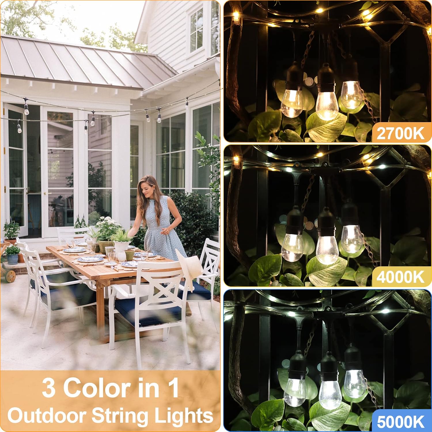 3-Color in 1 LED Outdoor String Light with Rope Fairy, 30 FT Dimmable Solar String Light with 12+3 Shatterproof Edison Bulbs and Weatherproof Rope light Strand for Patio, Backyard, Porch, Party
