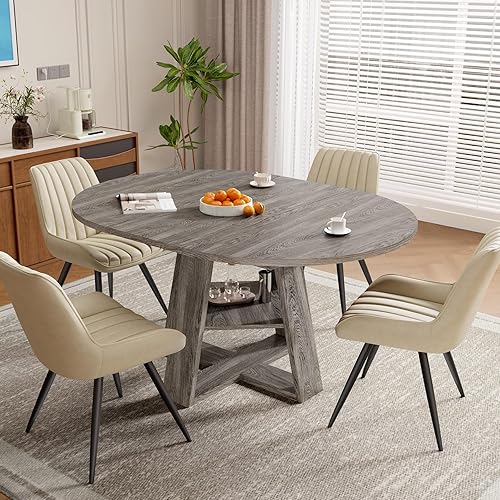 Miniatura 14 de Conjunto de mesa de comedor extensible redonda a ovalada Aivermel para 4–6, mesa de cocina de madera con almacenamiento oculto y sillas tapizadas,