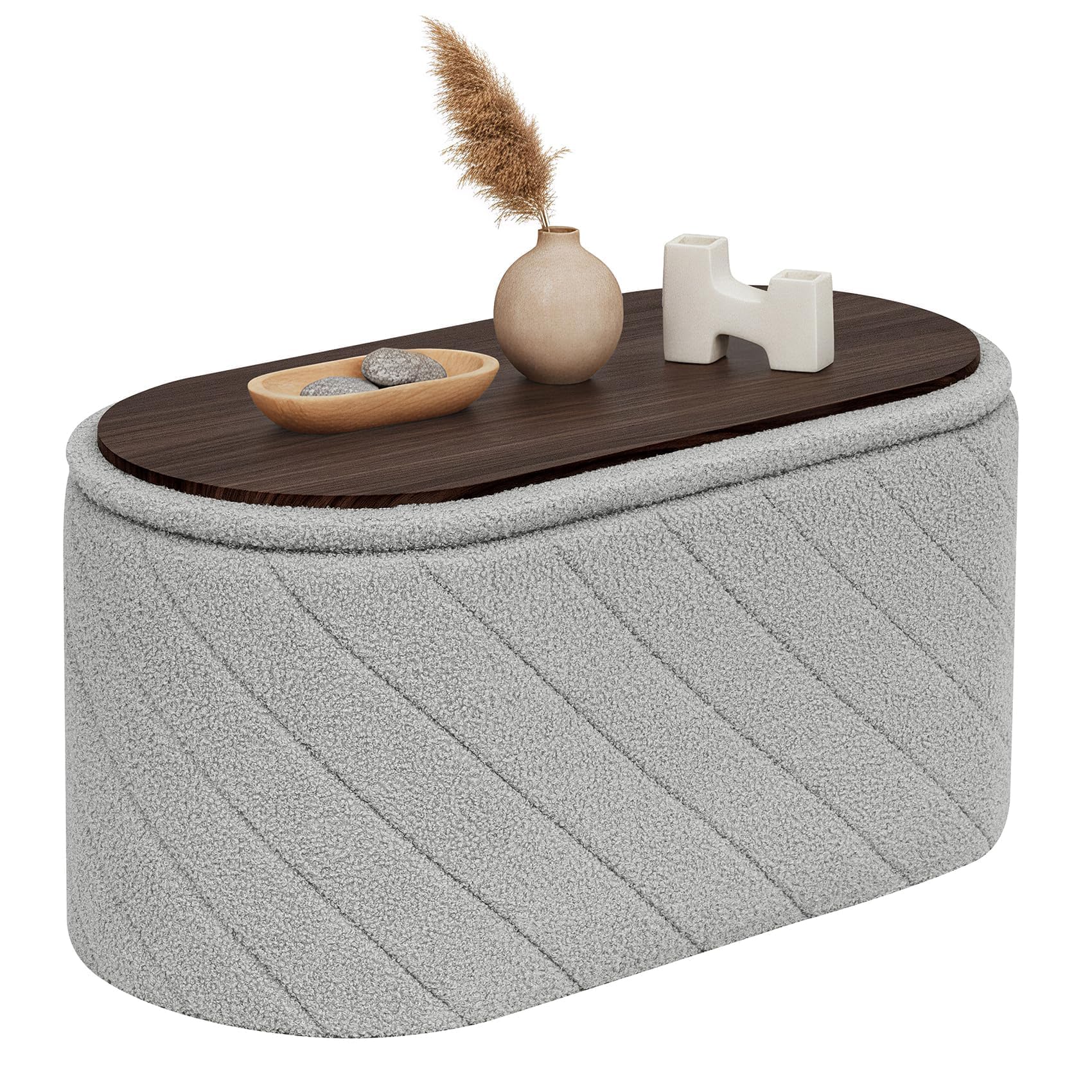 PINPLUS Panca Contenitore con Coperchio Imbottito, Ovale e Pieghevole, in Tessuto Boucle, come Poggiapiedi per Soggiorno e Camera, 76x38x38 cm, Grigio