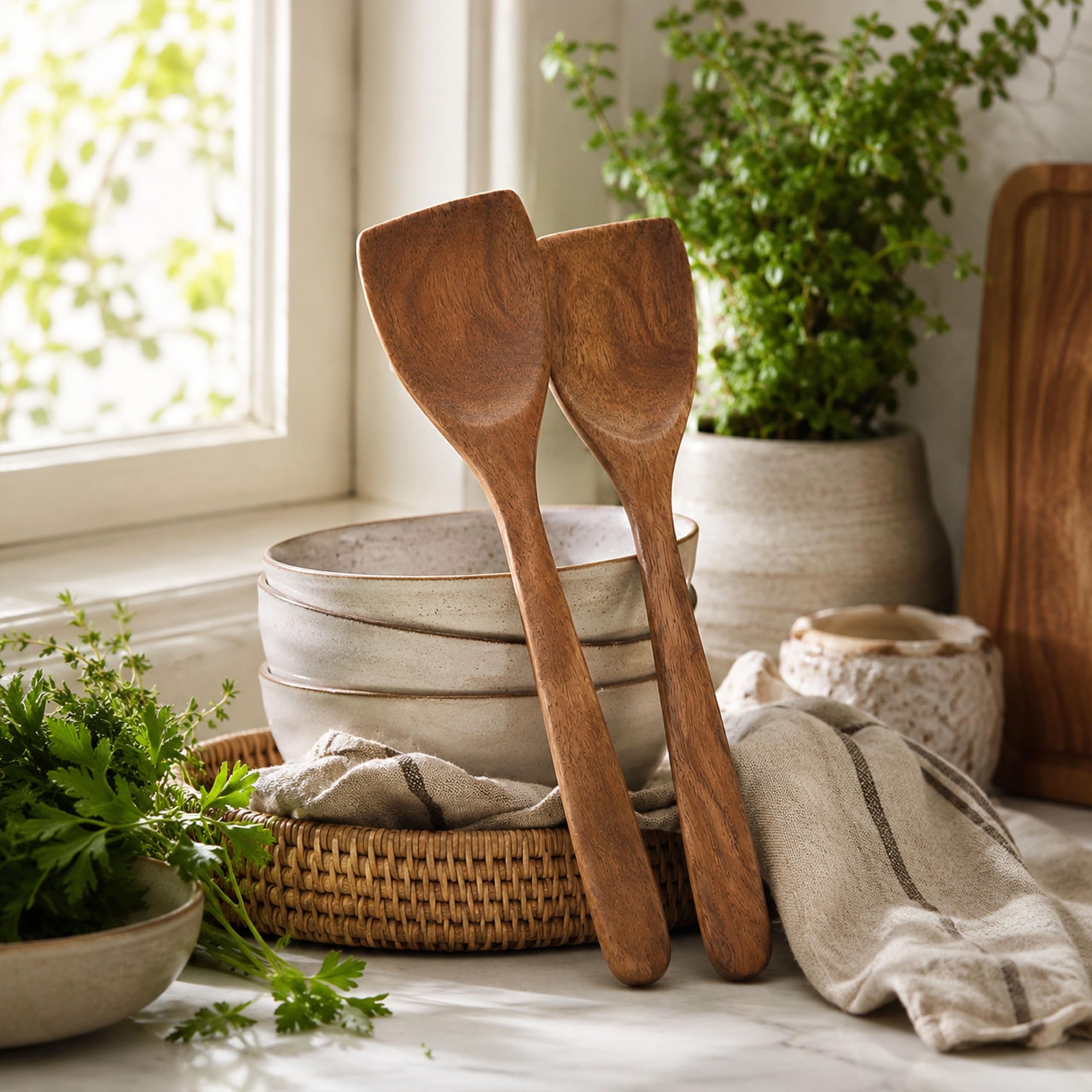 Decorasian 10 StückHolzlöffel aus Mangoholz – 25x7x1cm – Handgefertigter Kochlöffel, Nachhaltige Boho Küchendeko & Natürliches Salatbesteck