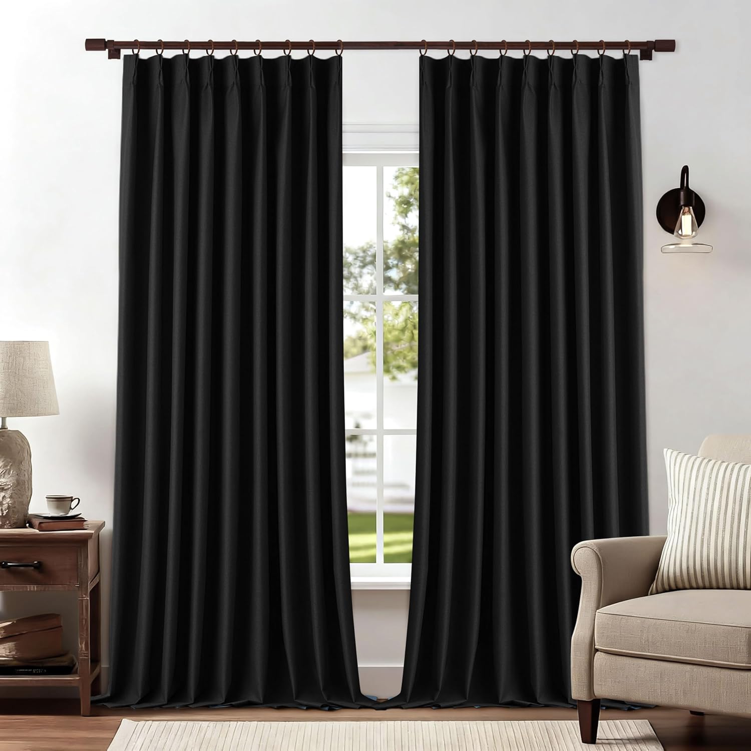 Black Pinch Pleat Curtains 100% Blackout with Hooks 60 Inch Wide Large Window Drapes Linen Room Divider for Living Room Bedroom W60 xL90 1 Panel