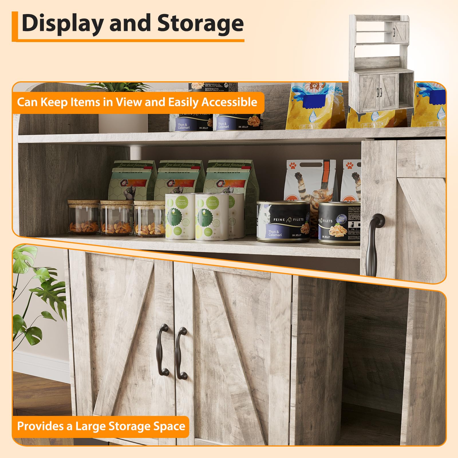 GarveeLife Katzentoiletten-Schrank mit 3 Türen, Mehrzweck-Storage-Schrank für Katzenzubehör, aus Spanplatte/MDF, grau/weiß – platzsparend & stabil