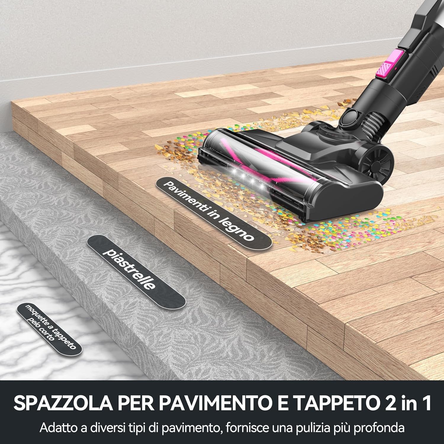 Generico Aspirapolvere Senza Fili Potente, Scopa Elettrica 45 Minuti Spazzola a LED Dust Cup Grande 1,2L, Scopa Elettrica in Piedi da Sola, per tappeti e peli di Animali
