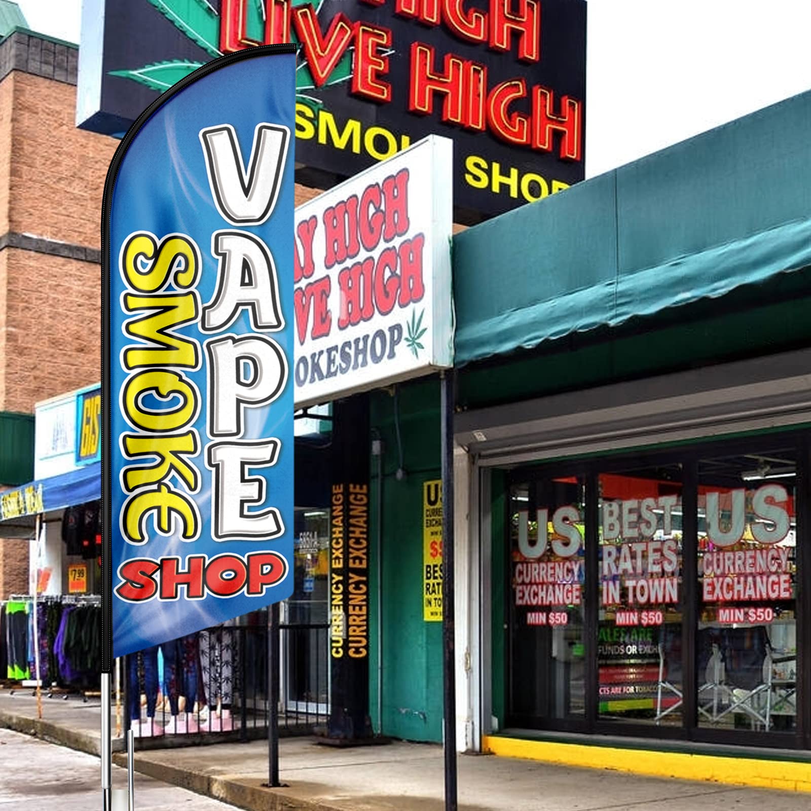 FSFLAG Vape Shop Swooper-Flagge, 2,4 m, Smoke Shop, Werbefeder, Vape, Rauchladen-Banner, Schilder für Unternehmen und Schaufenster (nur Flagge)